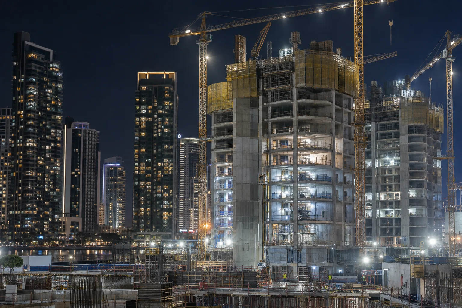 Night-time construction of residential towers on Reem Island, cranes and floodlights beside occupied towers