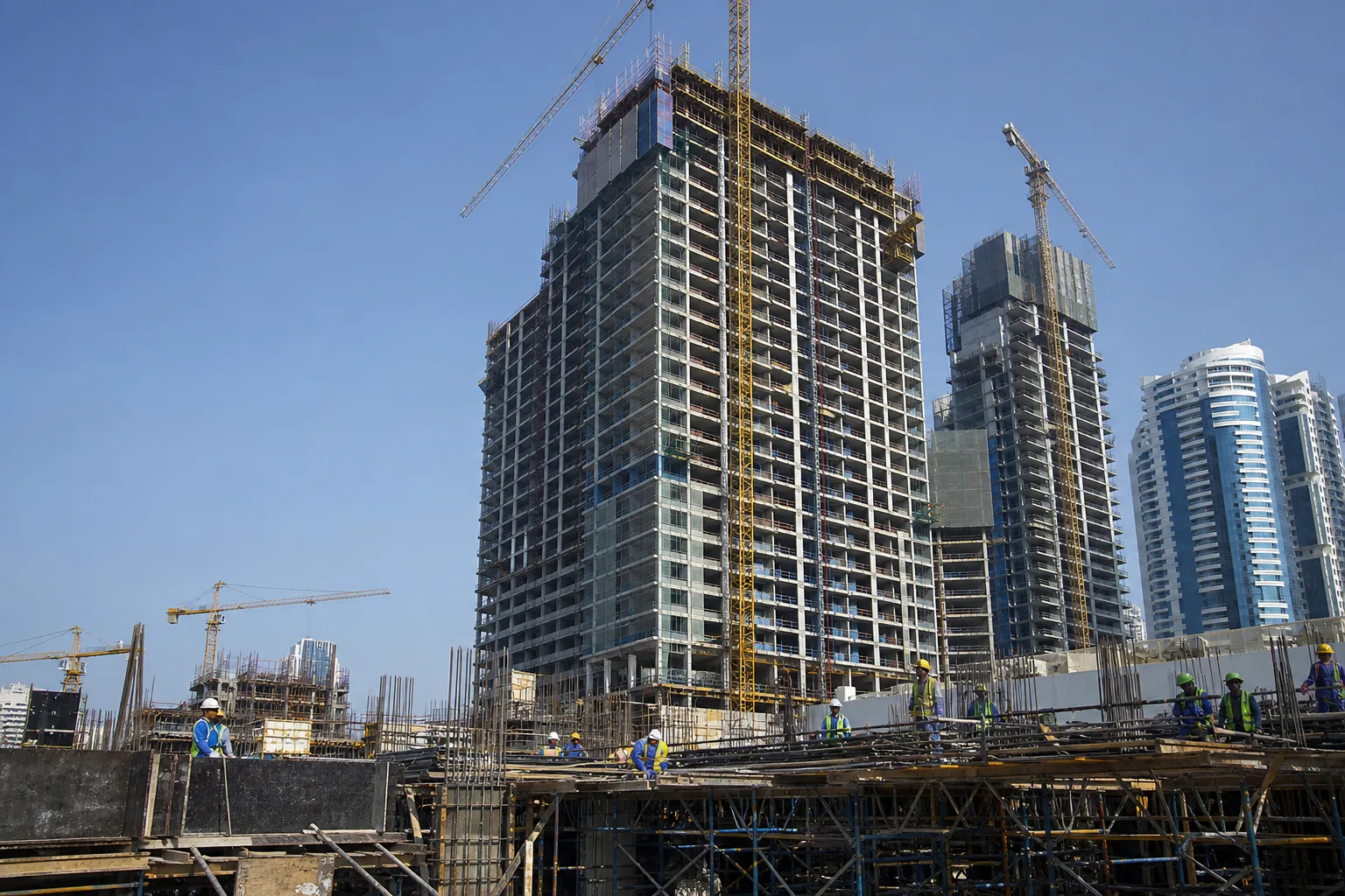 Construction site of a residential tower under way in Dubai with cranes and scaffolding under a clear sky