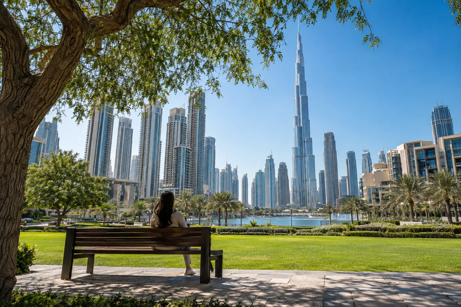 Buyer seen from behind sitting on a tree-lined bench in Burj Park, facing luxury residential towers