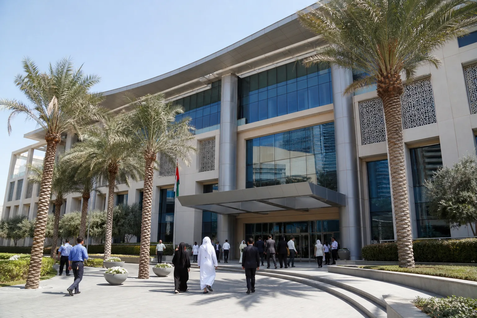 Modern facade of the Dubai Land Department administrative building with palm trees and visitors at the entrance in the sun
