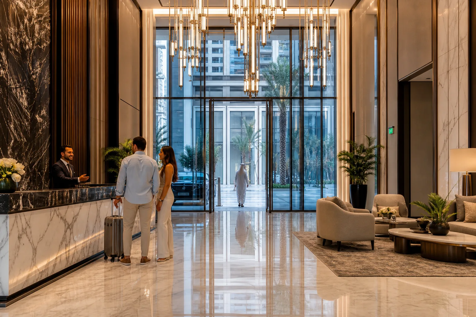Réception élégante d'une tour résidentielle de Dubaï avec concierge accueillant des résidents dans un hall de marbre