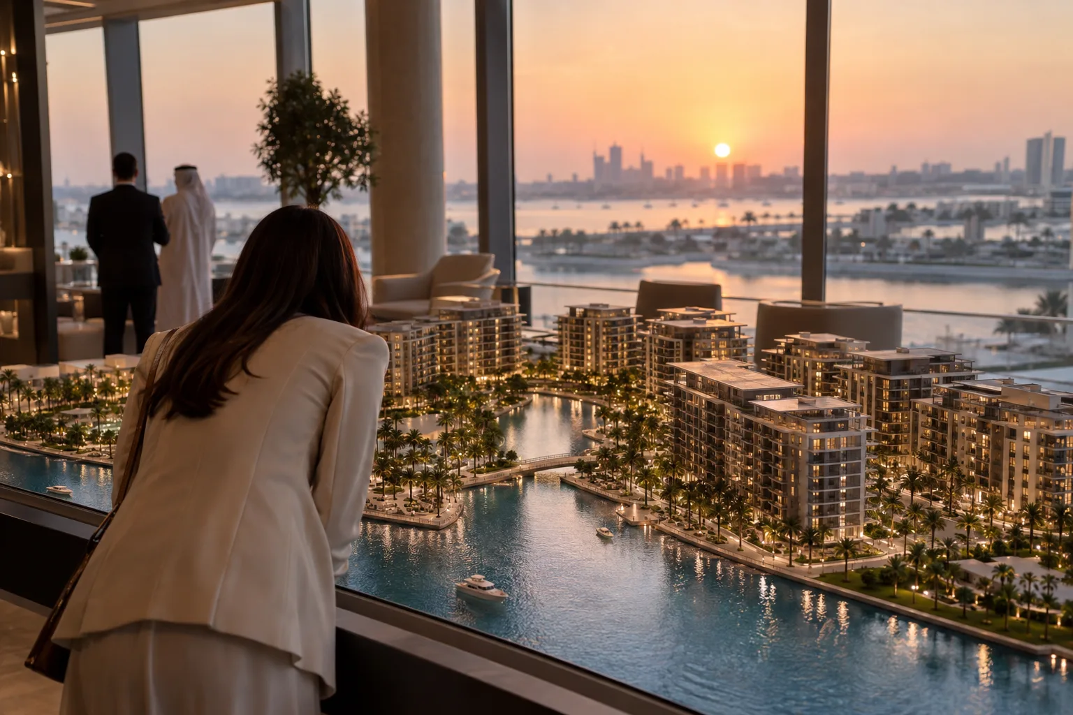 Scale model of a canal-side residential community on Yas Island, viewed from behind by a visitor