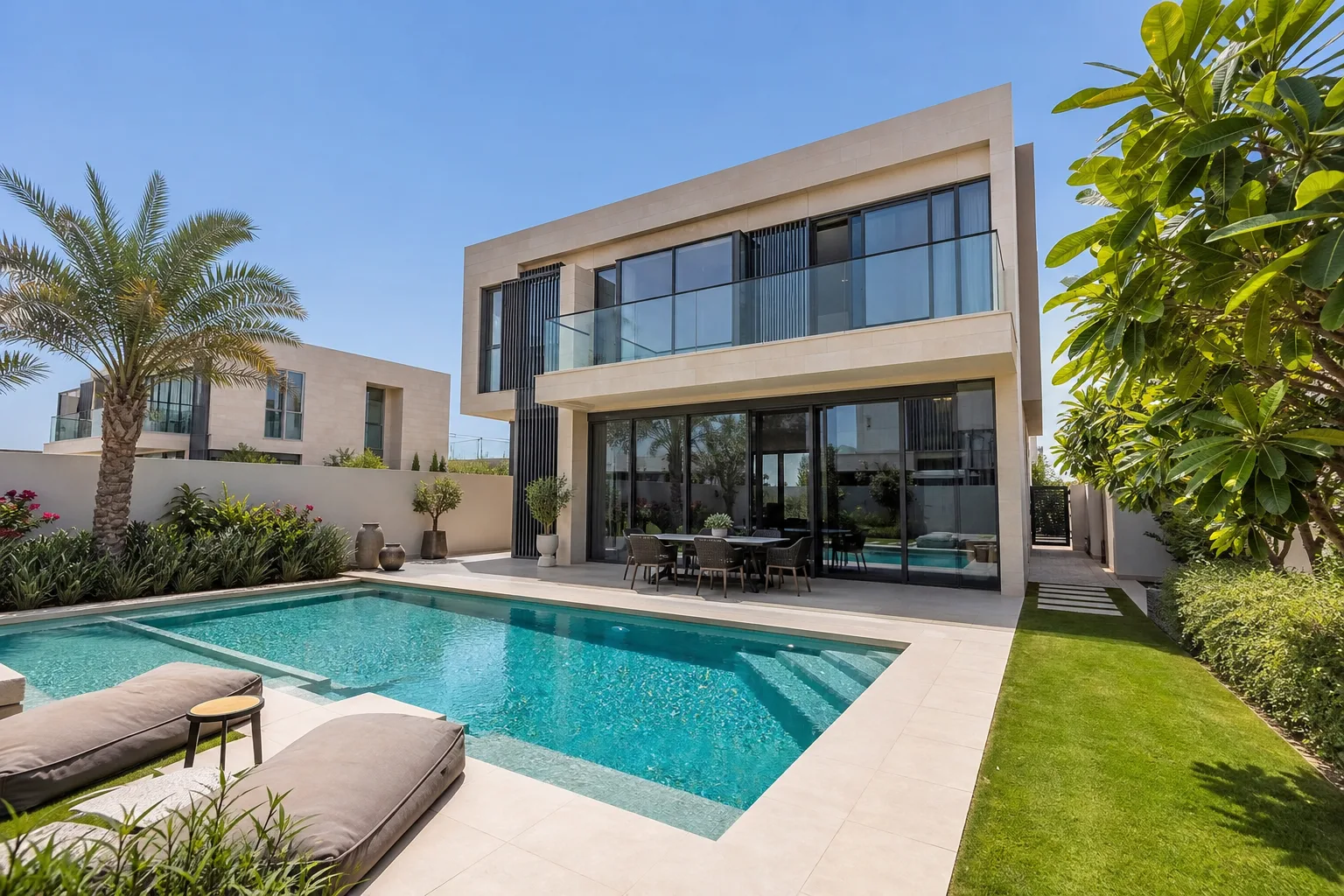 Contemporary villa façade with a private pool and garden in a residential Dubai neighbourhood