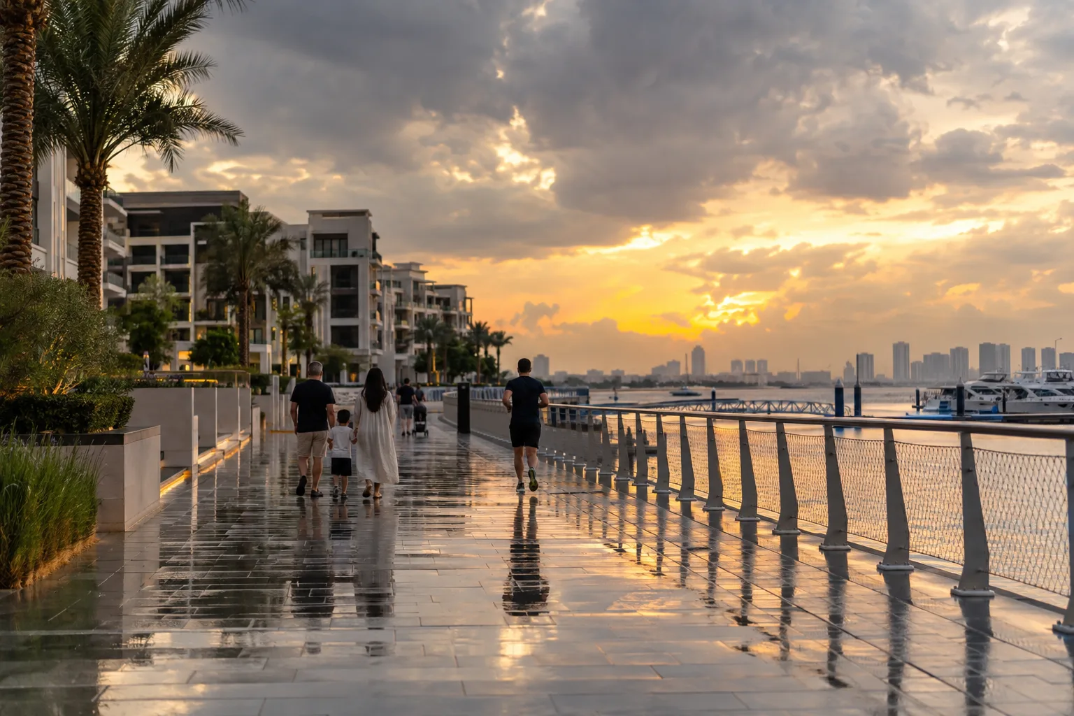 Walkers seen from behind on the wet promenade of Dubai Creek Harbour after the rain