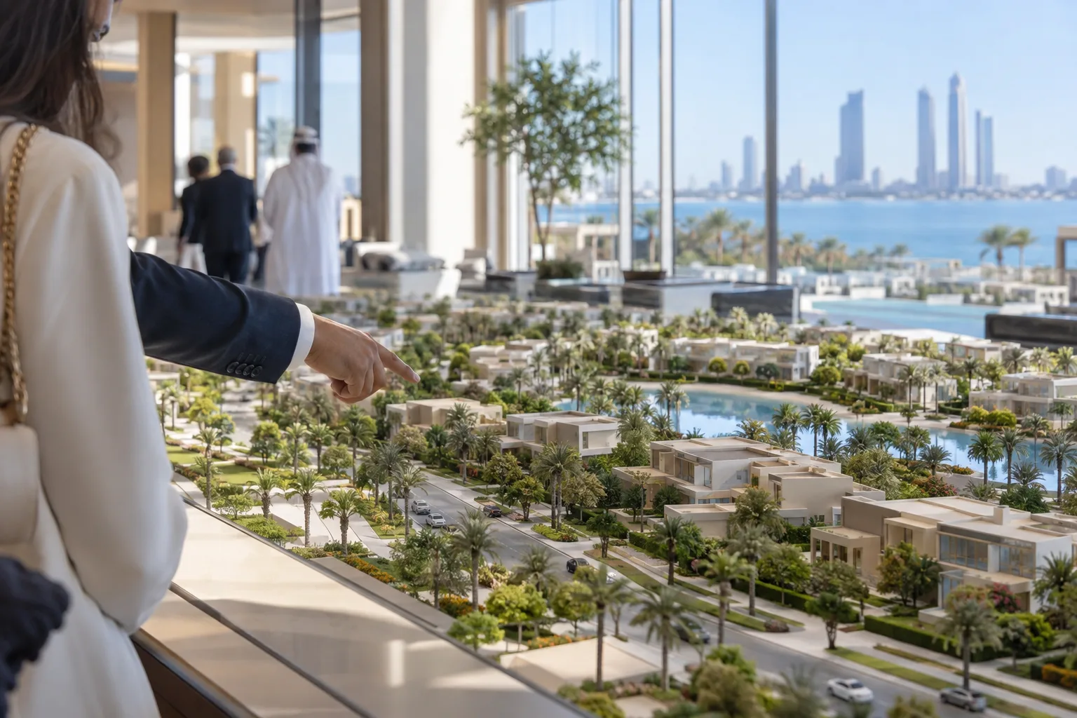 A visitor's hand pointing at a scale model of a low-rise villa community in a bright sales gallery