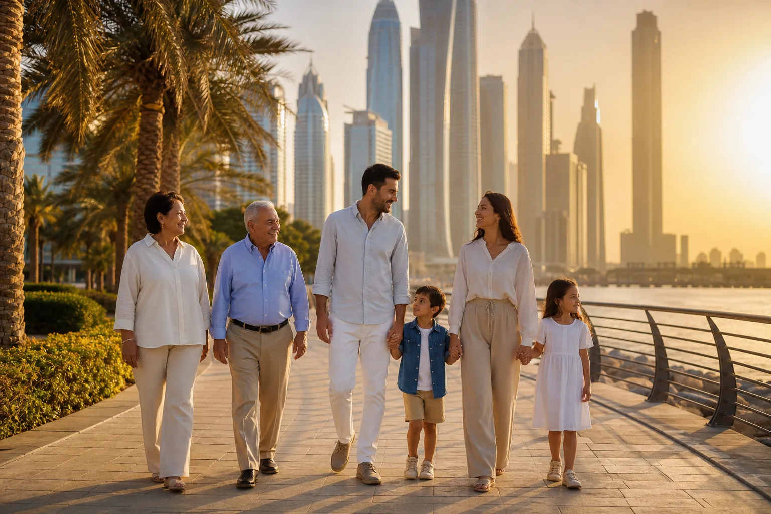 Three-generation family walking together along a seafront promenade in Dubai