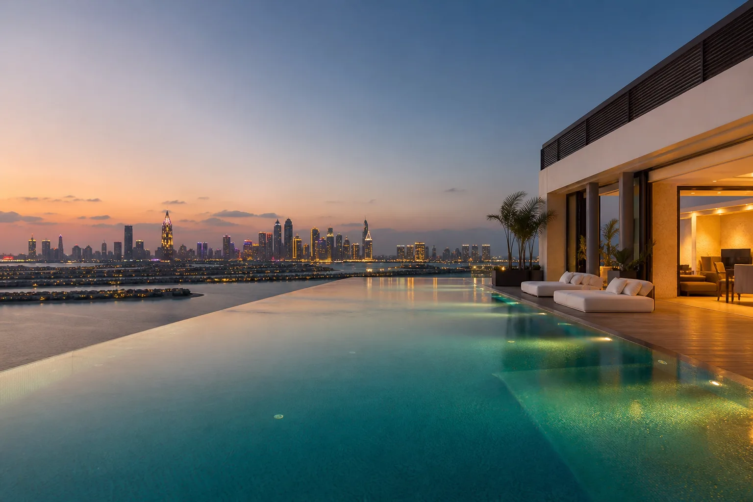 Piscina infinita de una residencia de lujo con vistas a las torres de Palm Jumeirah al atardecer