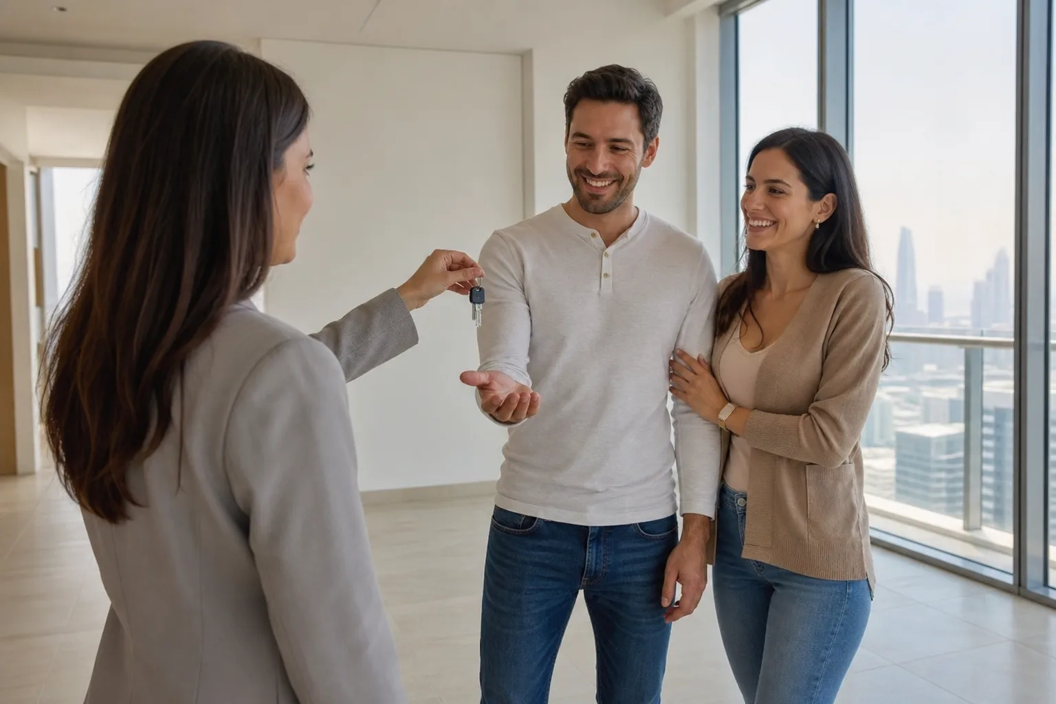 Couple remettant les clés d'un appartement moderne devant une baie vitrée lumineuse