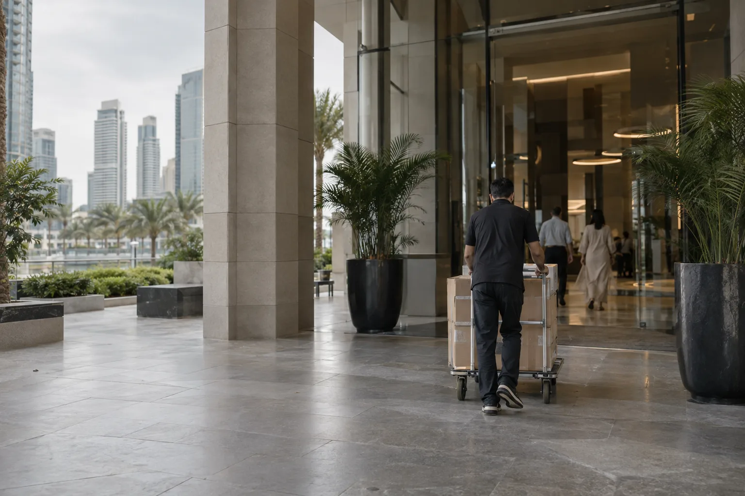 Tenant seen from behind pushing a trolley of boxes through the lobby of a residential tower on Al Reem Island