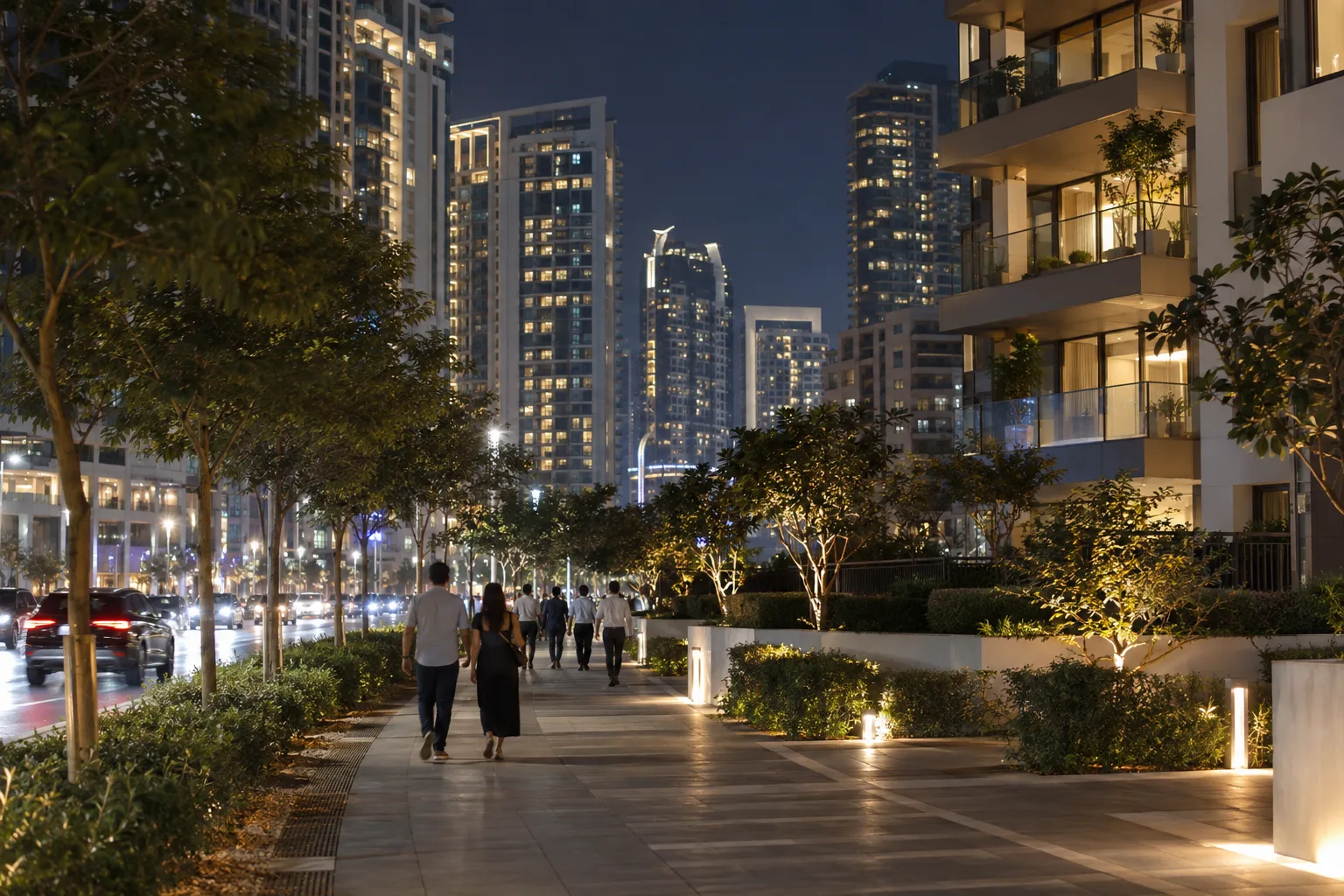 Residential boulevard on Reem Island in the evening, lit apartment towers and passers-by seen from behind