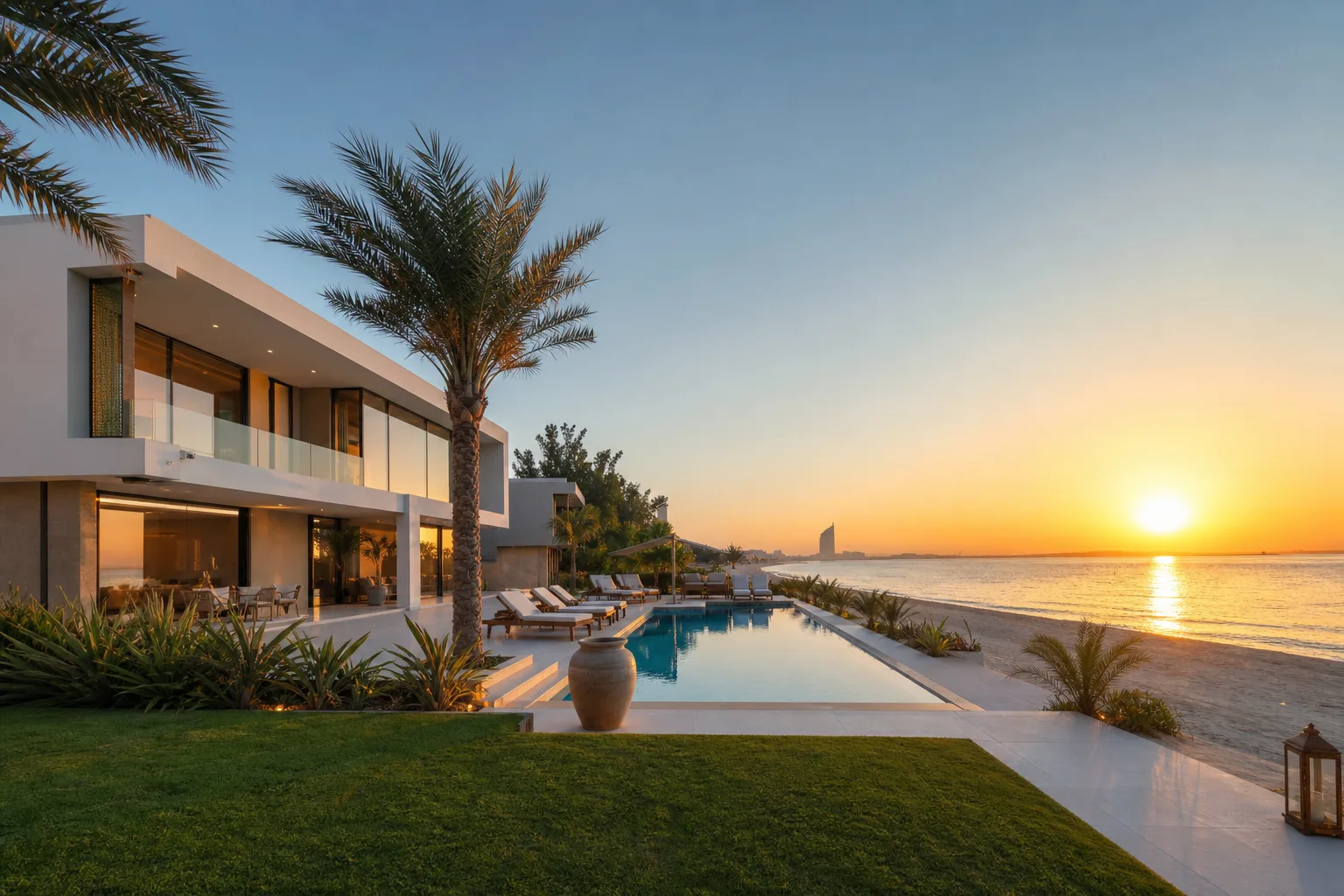 Villa moderna en primera línea de playa privada con jardín paisajístico, palmeras y gran piscina al atardecer
