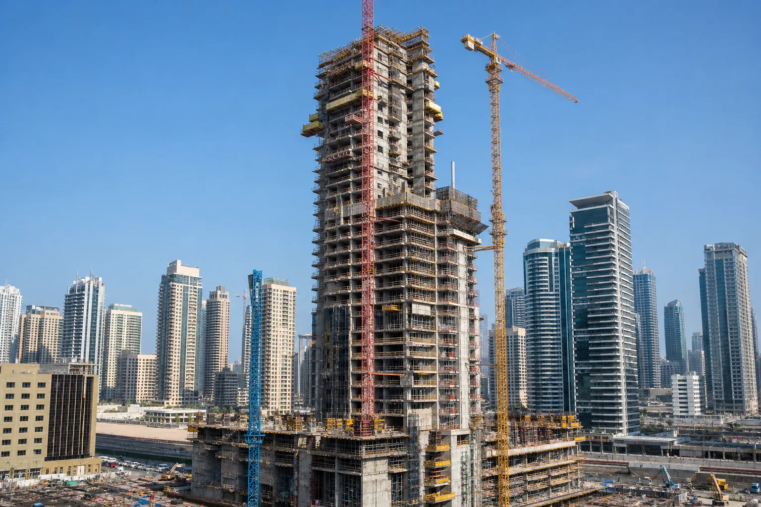 Obra de una torre residencial en construcción en Dubái con grúas y vista a edificios acabados a lo lejos