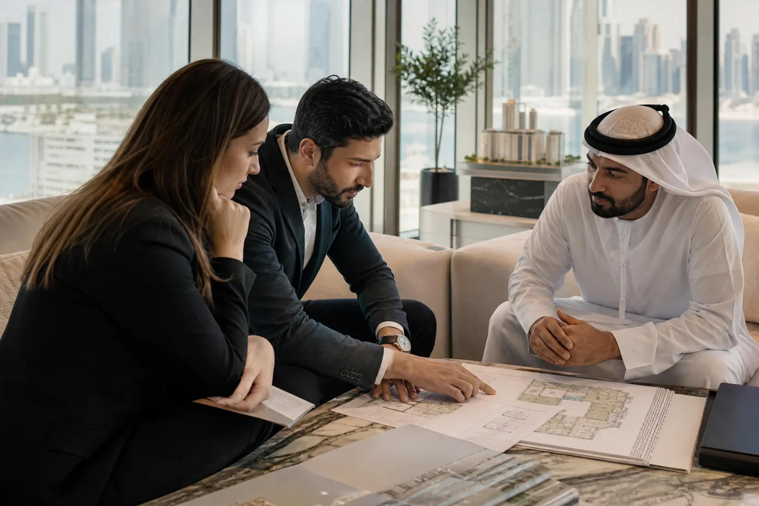 Investors examining plans and documents on a table in a modern property sales space in Dubai
