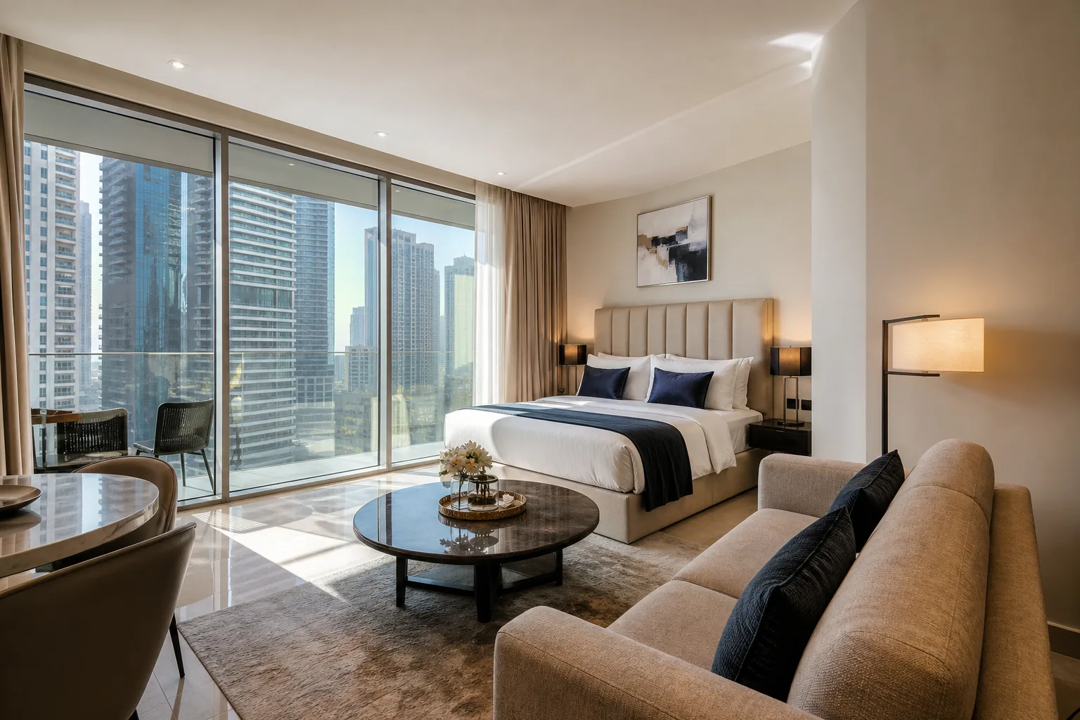Intérieur lumineux d'un studio meublé moderne à Dubaï avec baie vitrée donnant sur des immeubles résidentiels