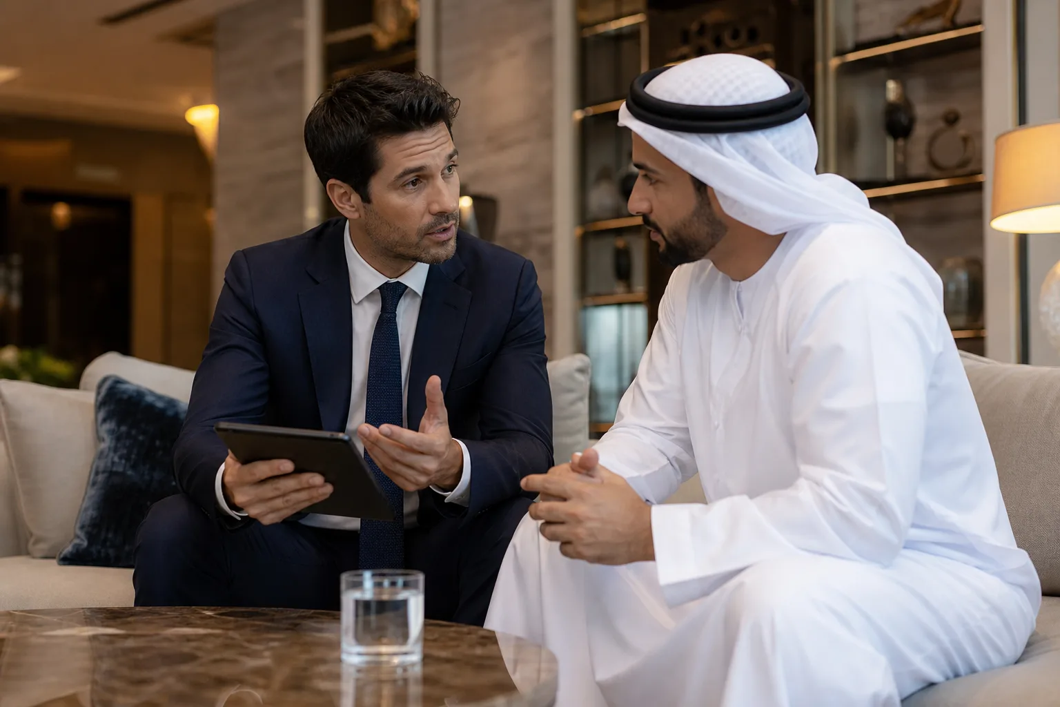 Conseiller immobilier en costume discutant avec un client dans un salon feutré, tablette à la main, ambiance professionnelle
