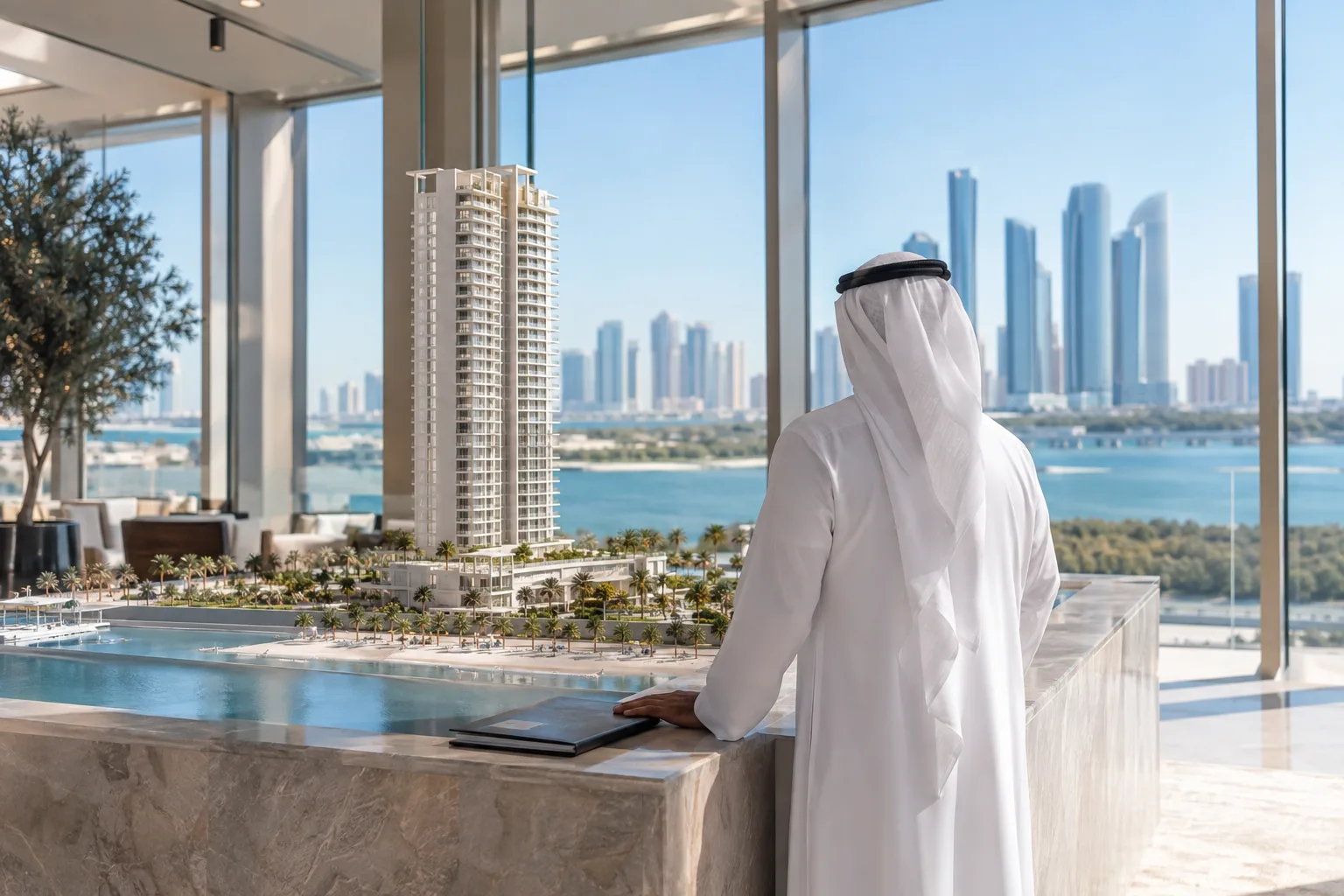 Investor seen from behind, thoughtful in front of a residential tower model, a closed file beside him