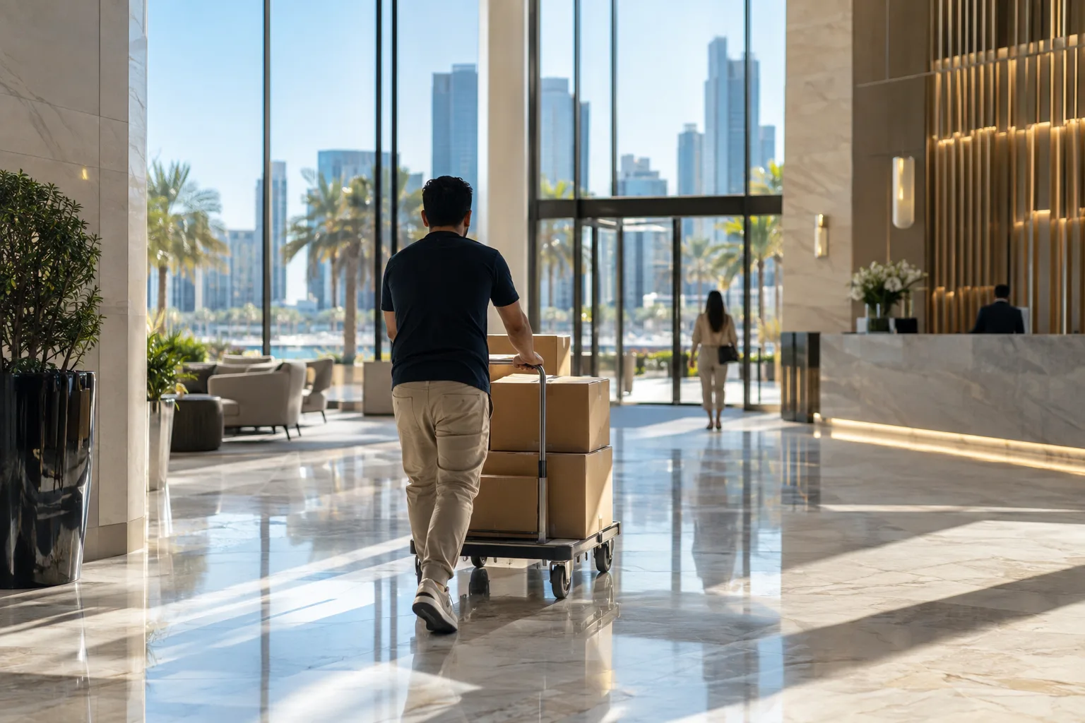 Tenant seen from behind carrying moving boxes into the lobby of a completed tower on Al Maryah Island