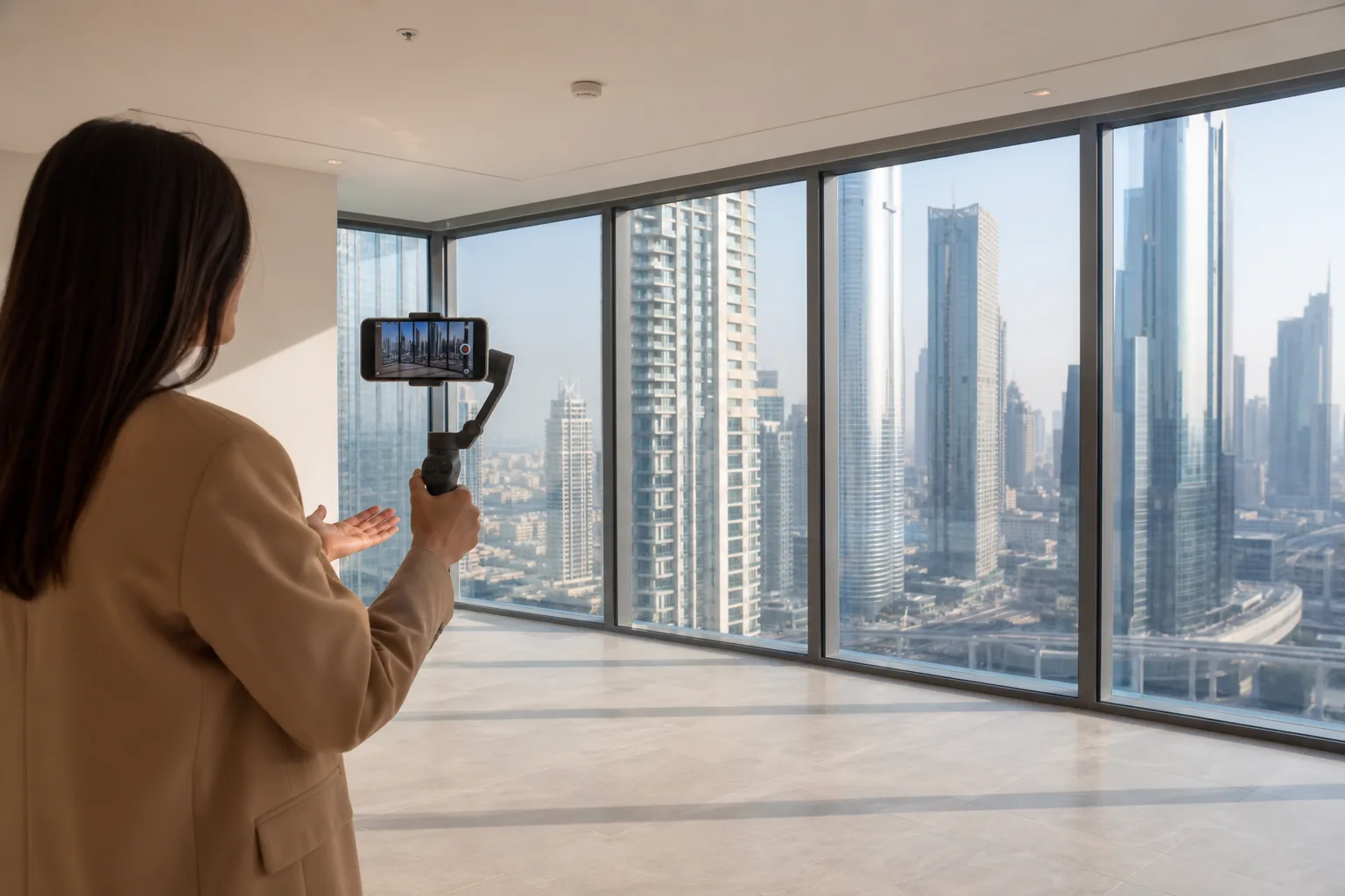 Agente inmobiliario grabando una visita en directo con un smartphone en un apartamento nuevo y luminoso con vistas a la ciudad de Dubái
