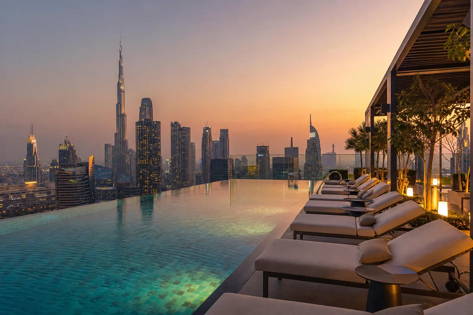 Luxury residence with a rooftop infinity pool overlooking Dubai's towers at dusk and rows of loungers