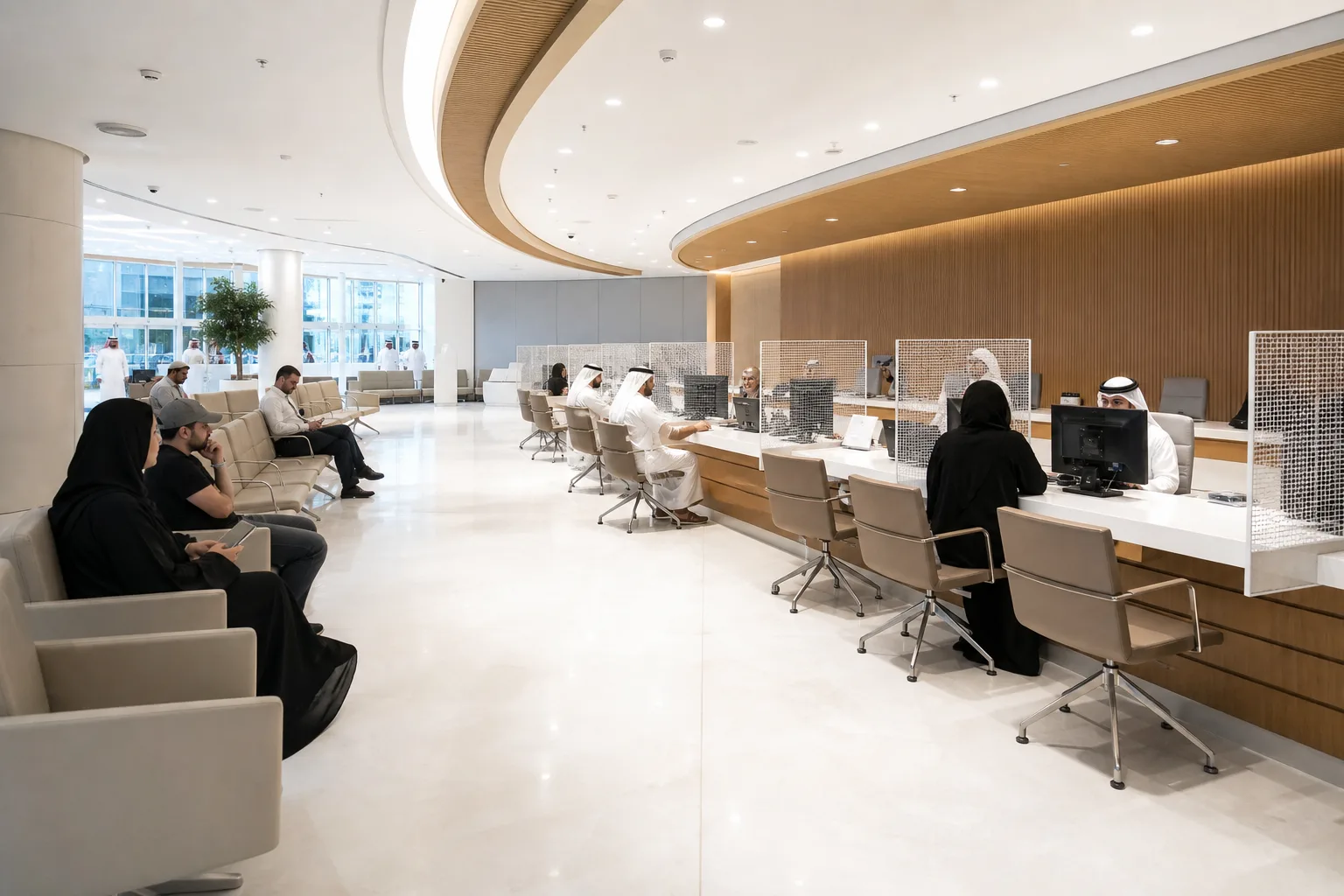 Modern counter at a Dubai Land Department service centre with clients waiting in a spacious hall