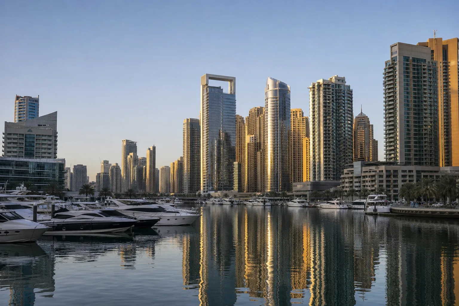 View of Dubai Marina's residential towers lined with yachts in the early morning