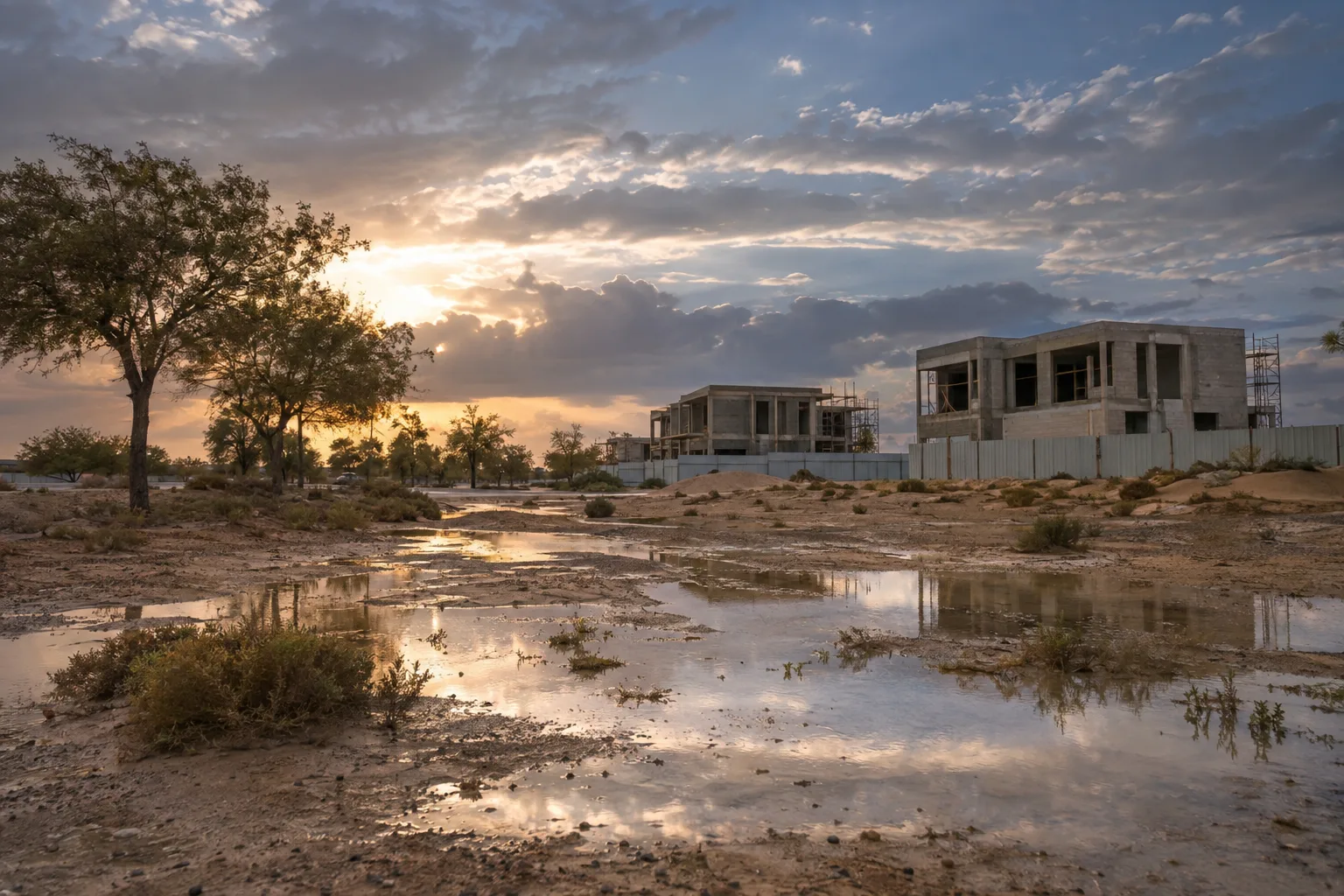 Waterlogged sandy plots and unfinished villas on the edge of an Al Bahyah neighbourhood after rain