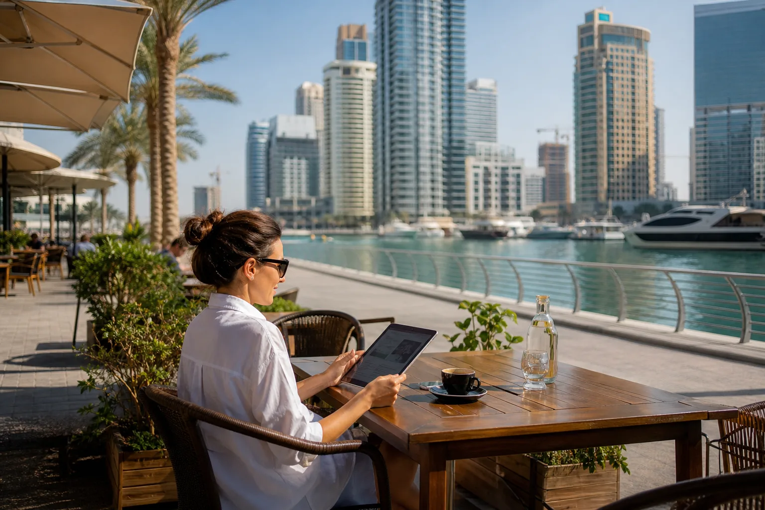 Terrasse de café en bord de promenade avec personne consultant une tablette face aux tours résidentielles