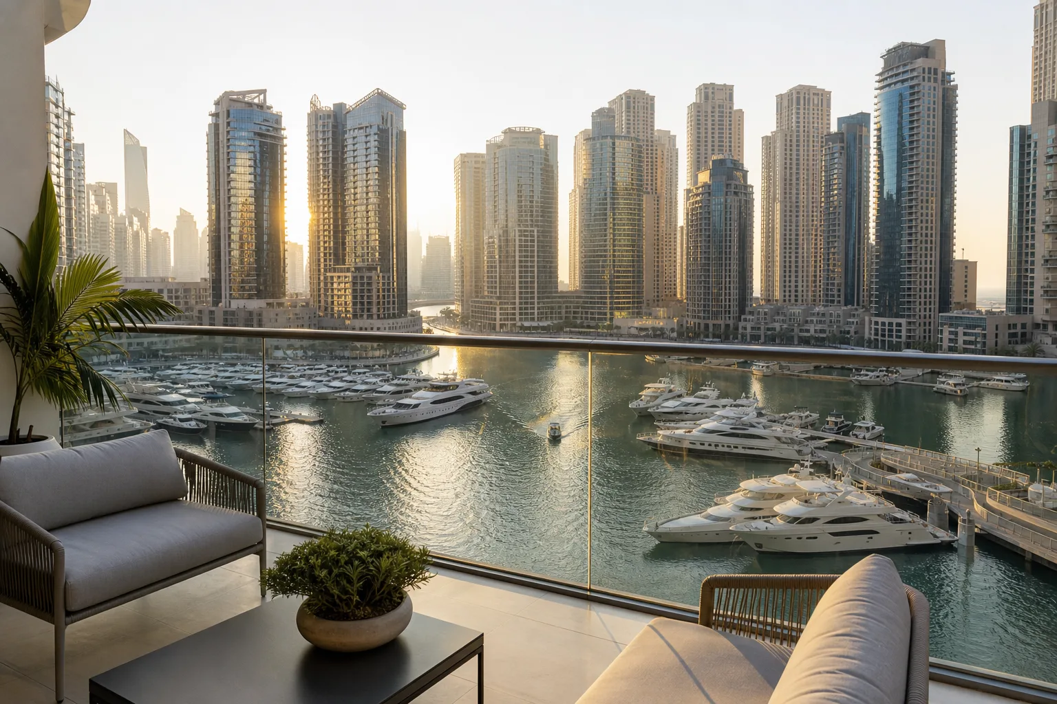 Terrasse d'un appartement de standing à Dubaï Marina avec mobilier extérieur et vue sur les yachts amarrés
