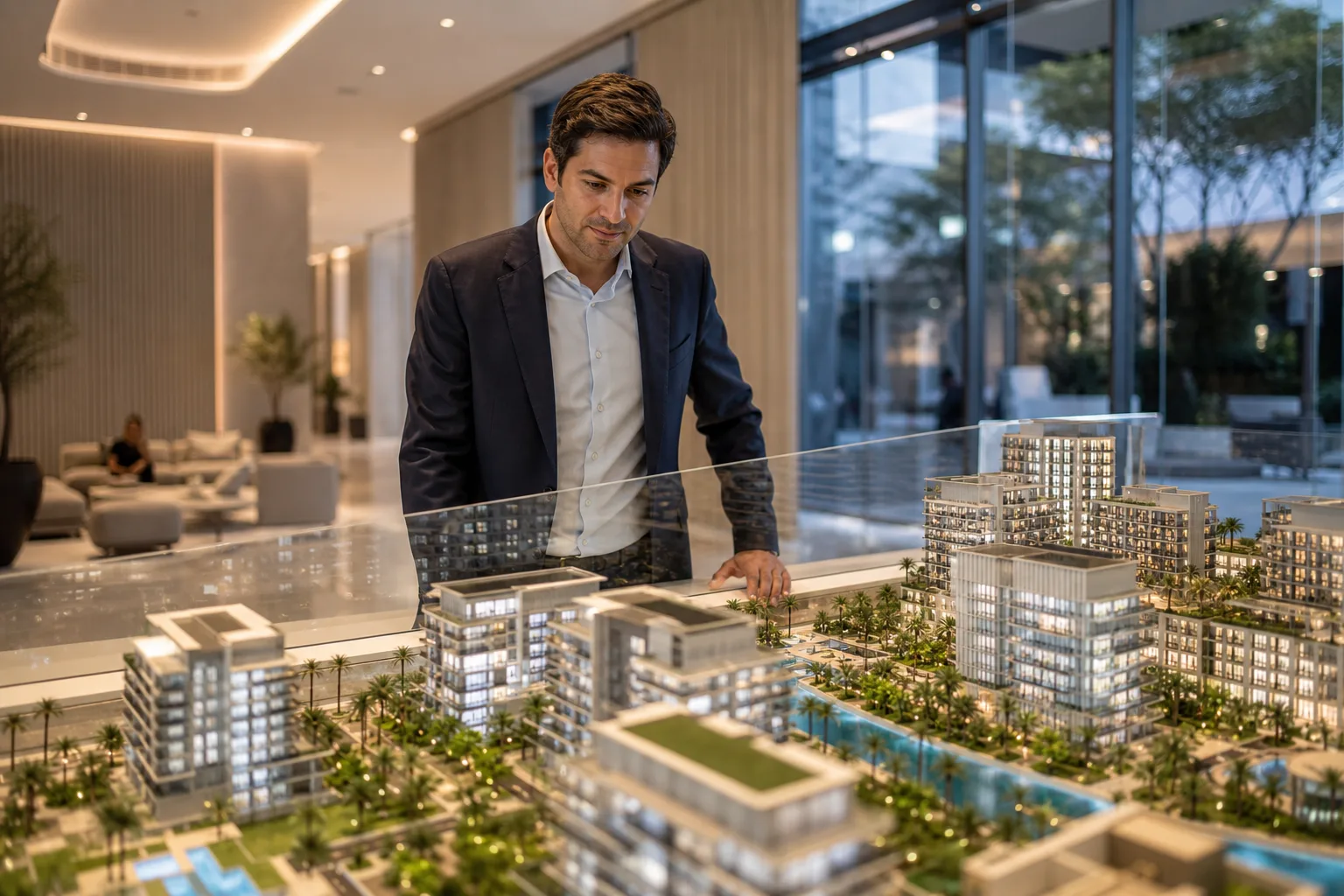 Personne observant attentivement la maquette architecturale d'un projet immobilier dans un showroom de Dubaï