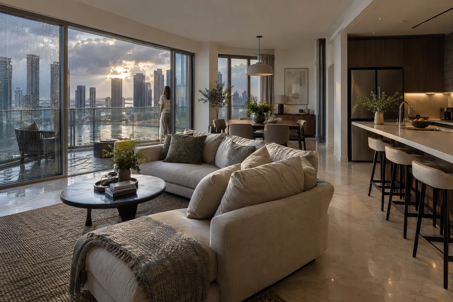 Furnished living room of a one-bedroom apartment on Reem Island, picture window streaked by a rain shower