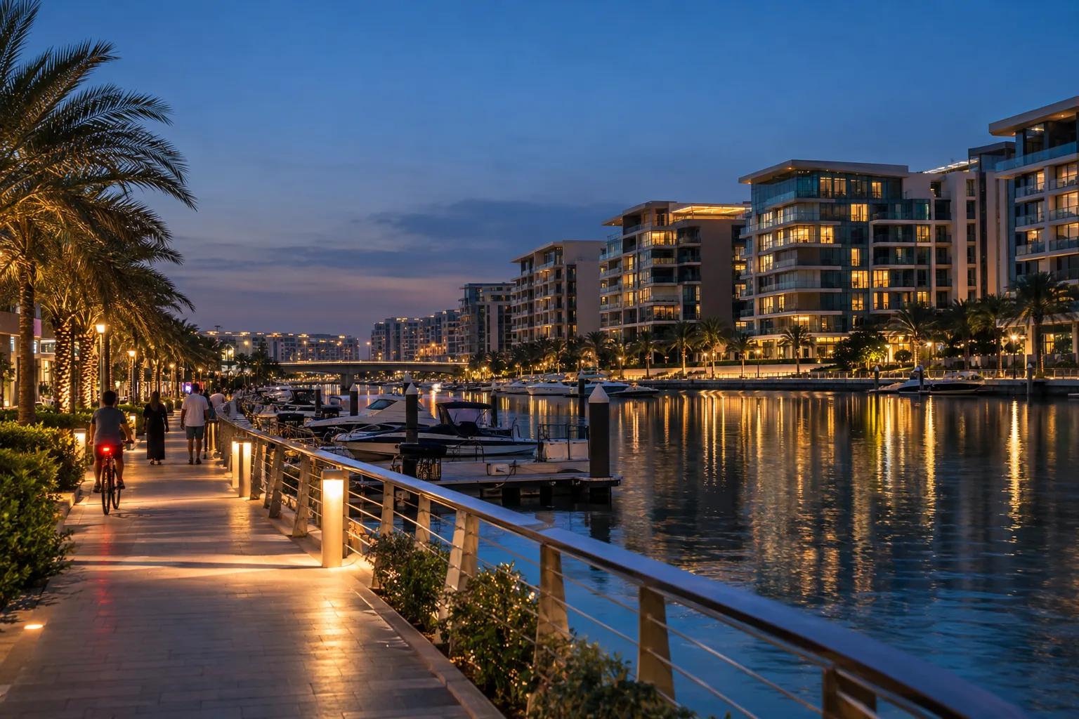 Waterfront walk along a canal in Al Raha Beach at blue hour, lit residential buildings and passersby seen from afar