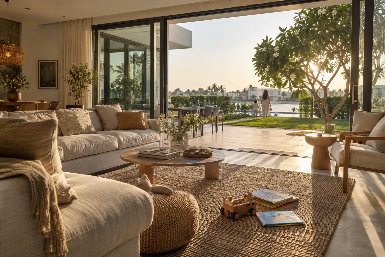 Living room of a family villa on Saadiyat, glass doors open onto the garden, wooden toys on the rug