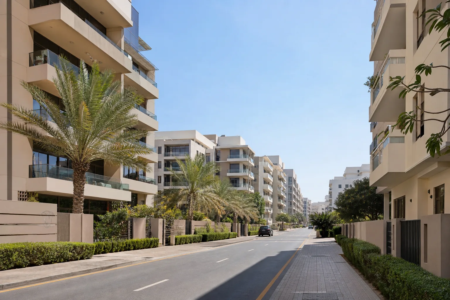 Calle tranquila bordeada de edificios residenciales contemporáneos beige y blancos en un barrio de Dubái, palmeras y aceras bien cuidadas