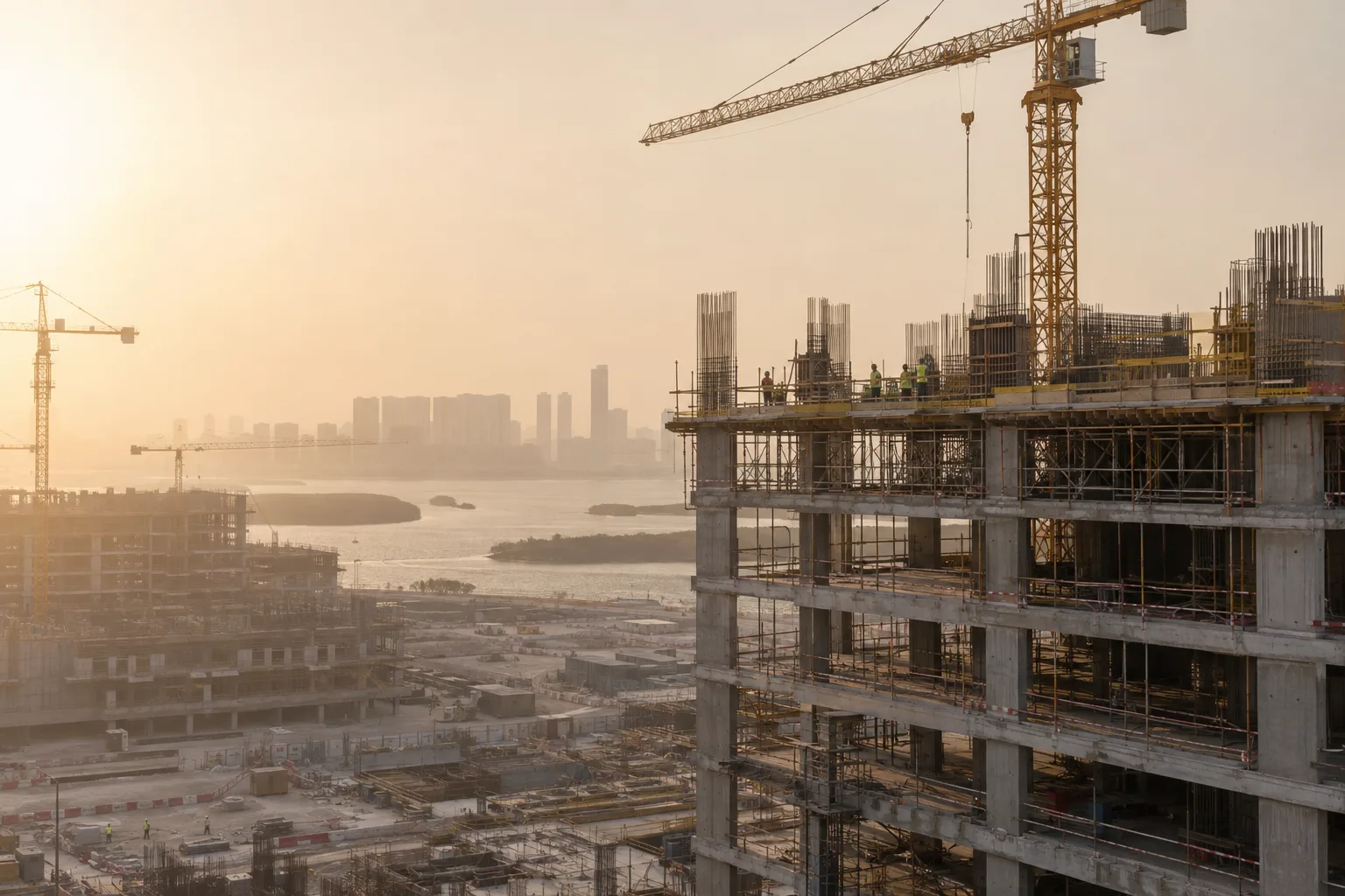 Construction site of an off-plan residential building in Abu Dhabi, concrete frame and crane in a dusty haze