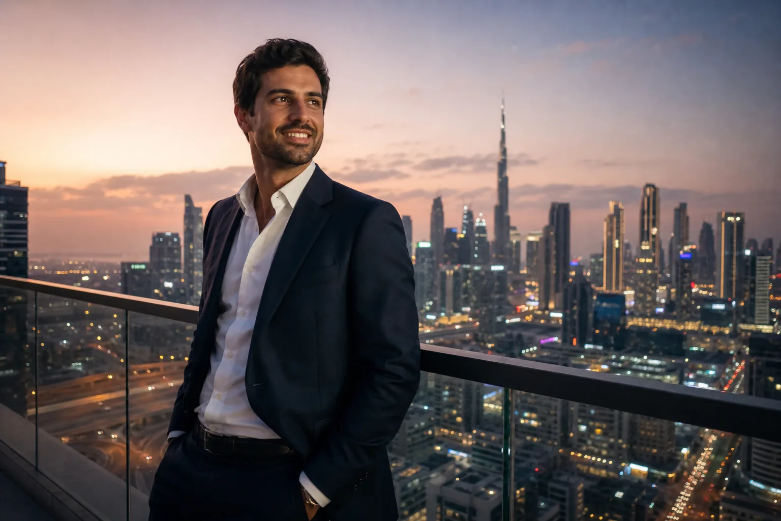 Investisseur souriant sur une terrasse en hauteur surplombant les gratte-ciel de Dubai au crépuscule