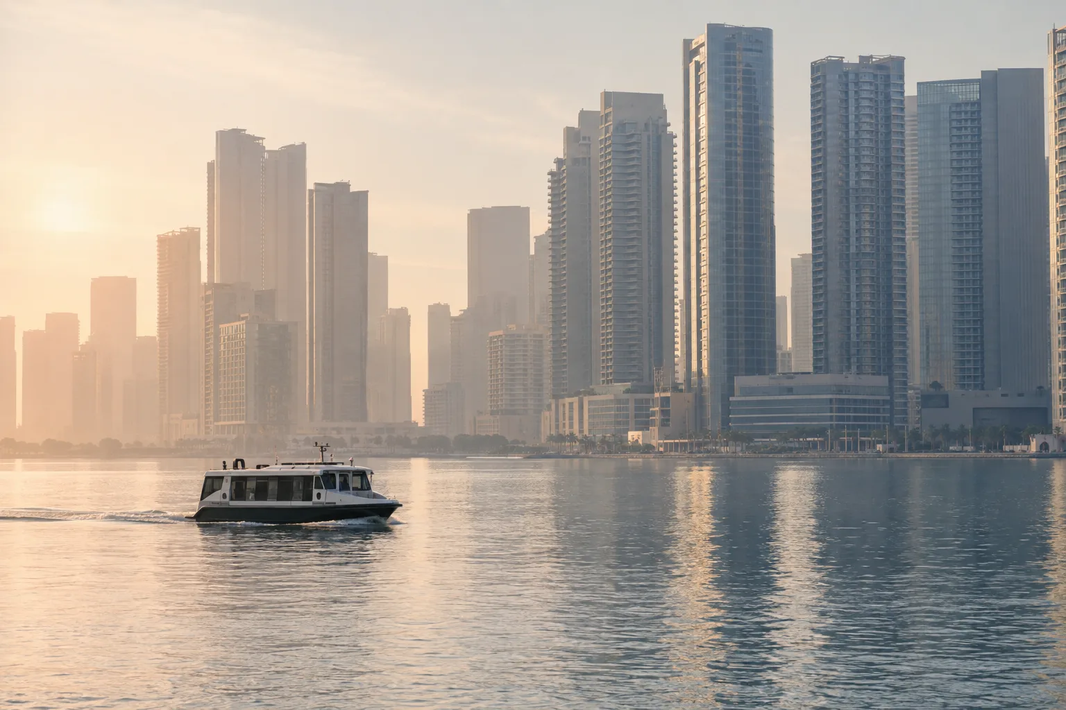 Dense residential towers on Al Reem Island seen through a telephoto lens in the channel's morning haze