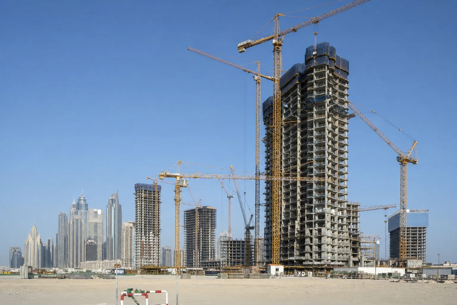 Grand chantier de construction de tours résidentielles à Dubaï avec grues sous un ciel dégagé