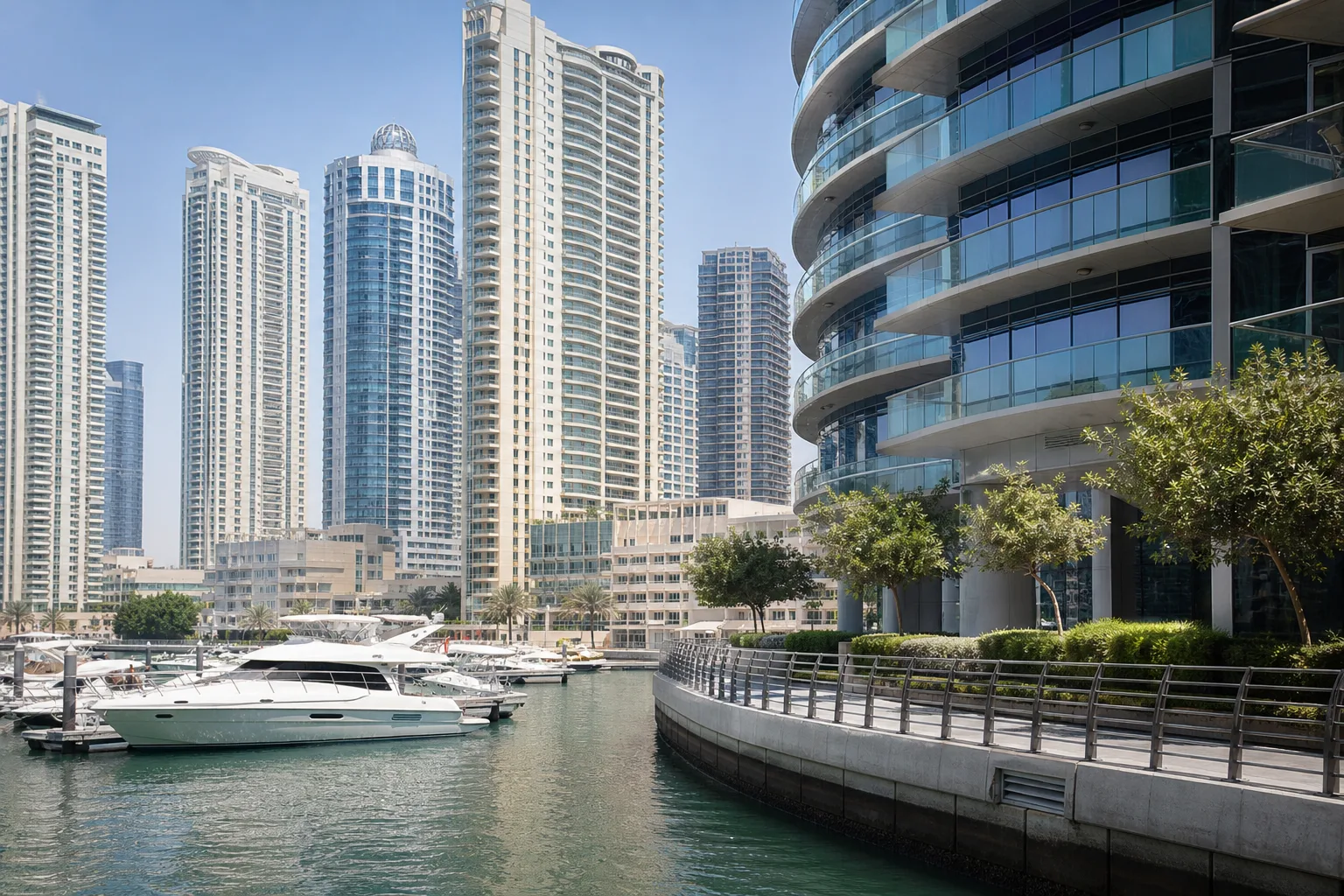 Vue rapprochée d'immeubles résidentiels modernes le long de la Marina de Dubaï avec des yachts amarrés