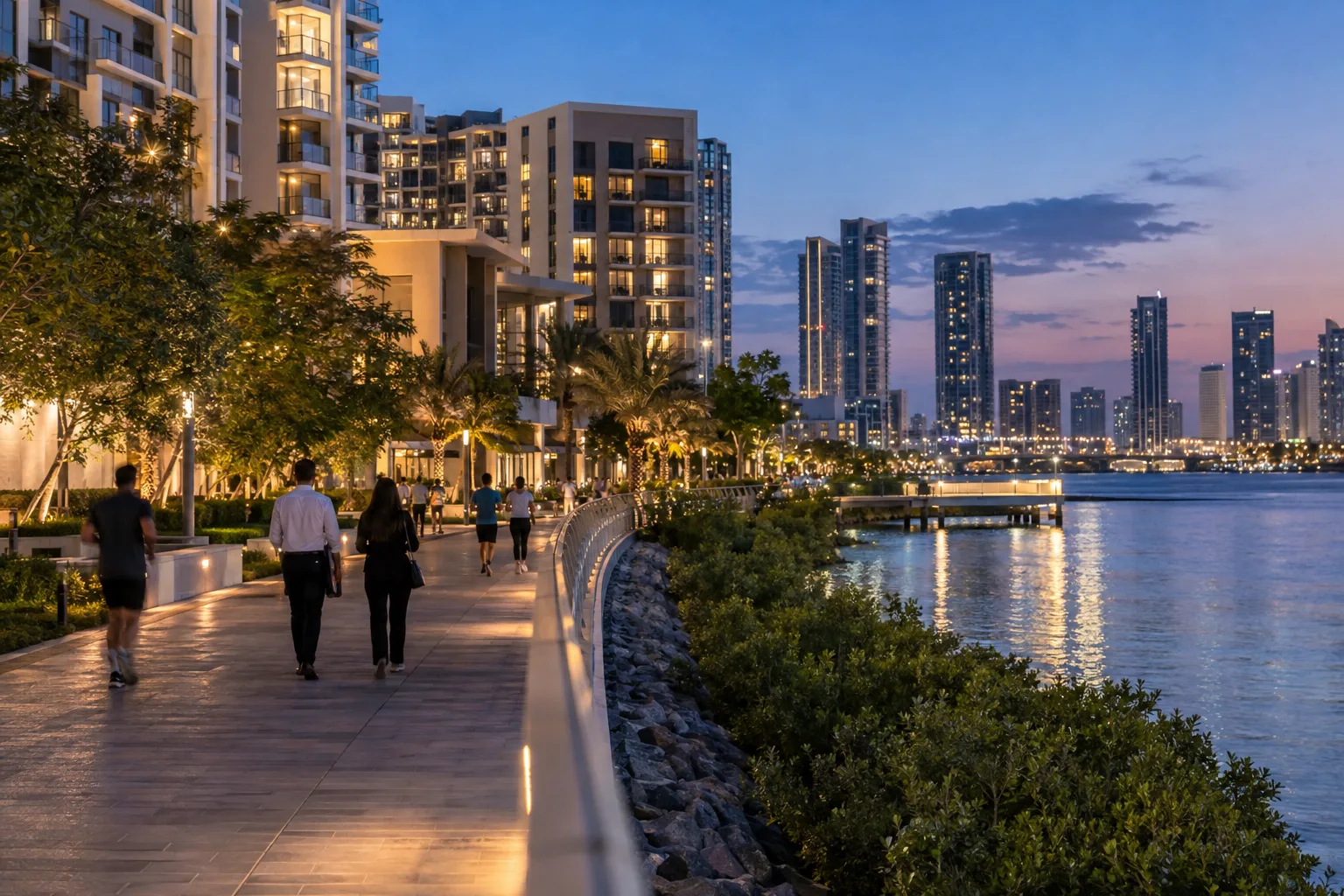 Young professionals strolling at blue hour along the Al Reem Island canal beneath illuminated residential towers