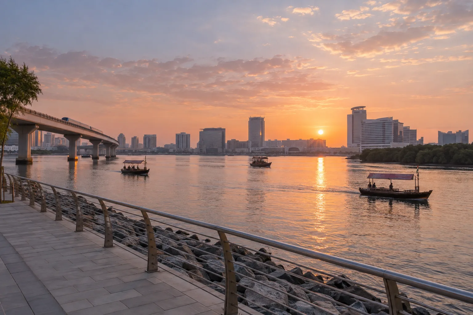 Dubai Creek at sunrise seen from Al Jaddaf, with abra boats and the Dubai Festival City waterfront
