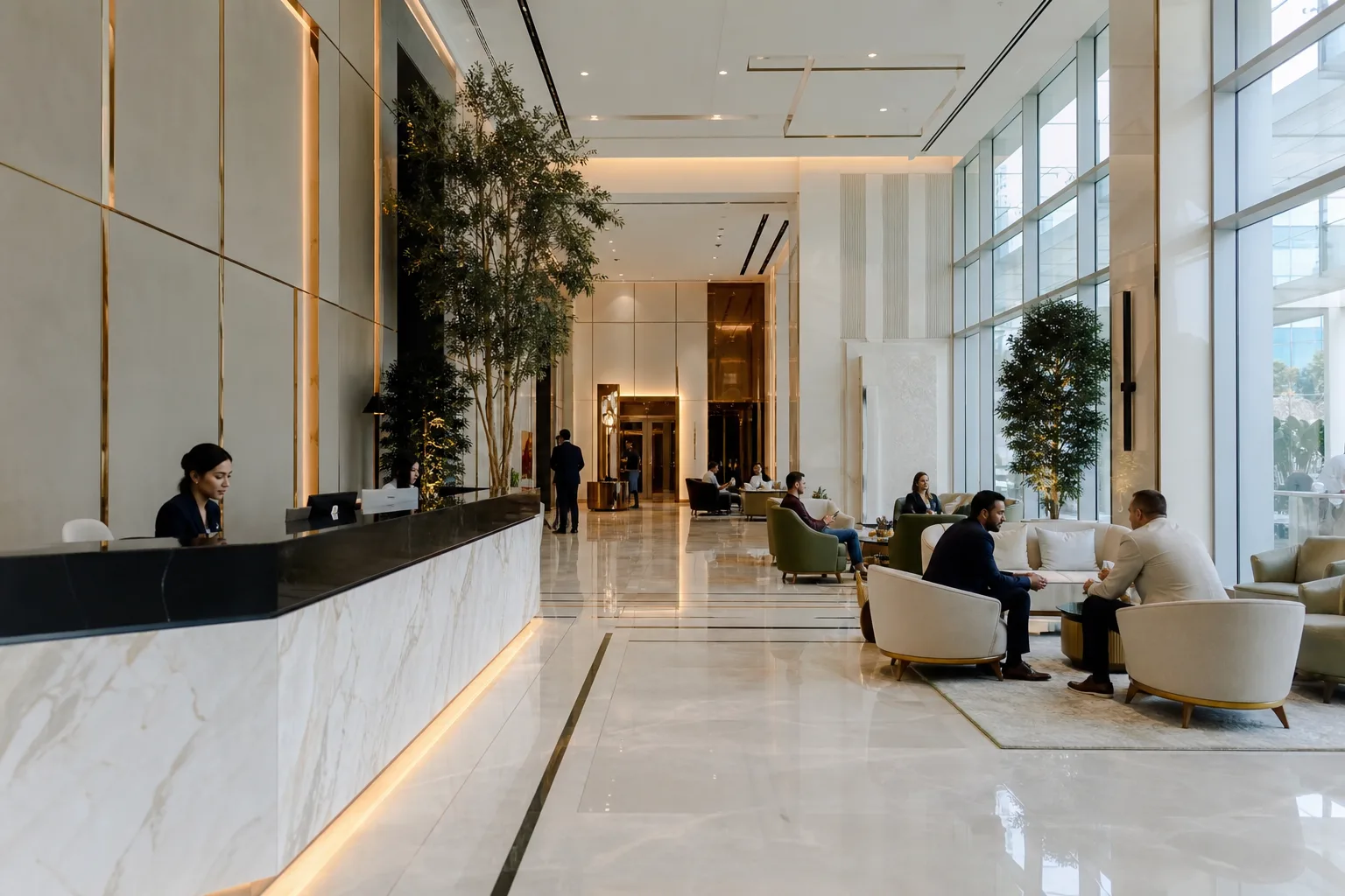 Hall d'accueil moderne et spacieux du bureau d'un promoteur immobilier à Dubaï avec comptoir élégant et visiteurs