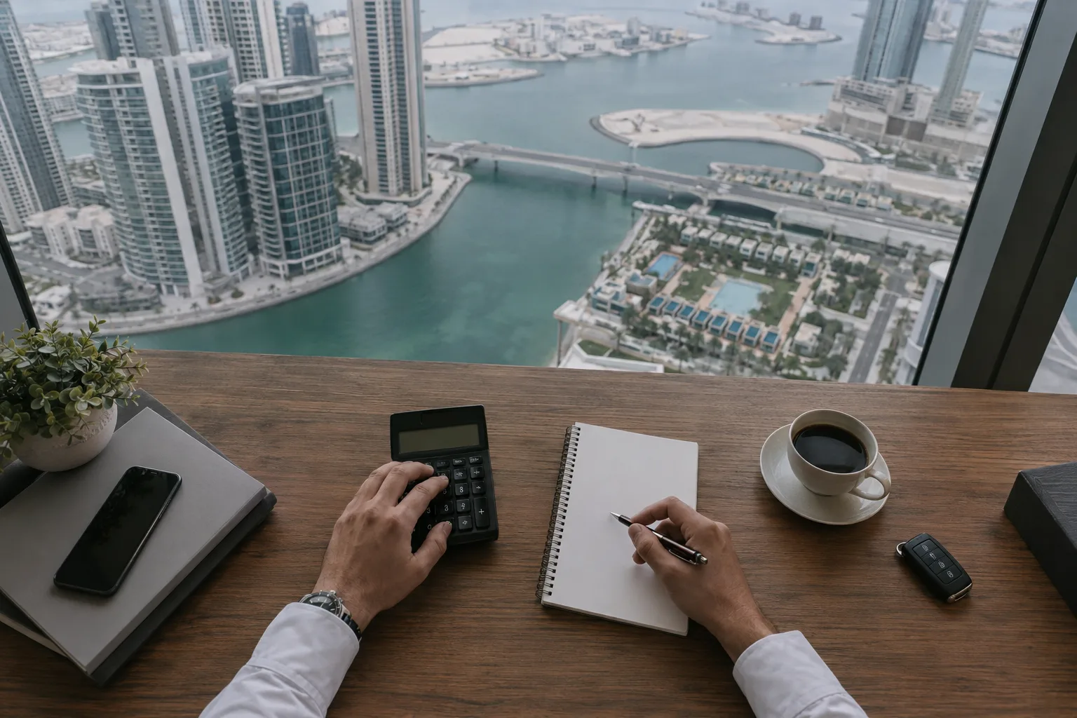 Overhead view of hands on a calculator, a blank notebook, a cup of coffee and an access badge