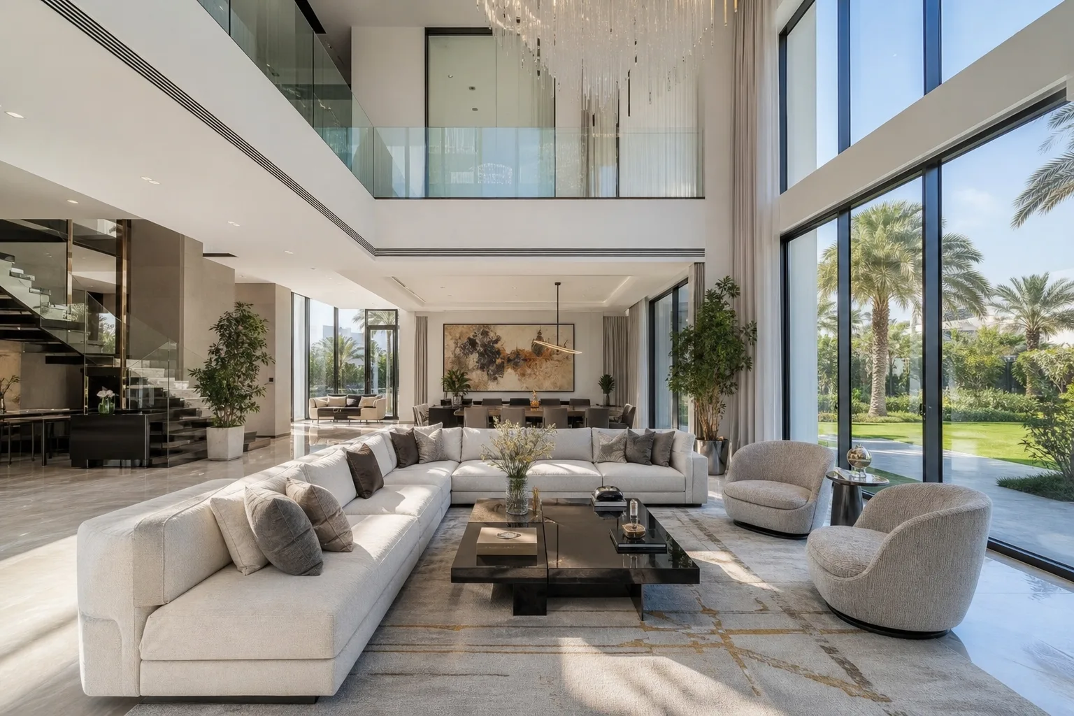 Salón amplio de villa de alta gama con mobiliario de diseño y doble altura de techo