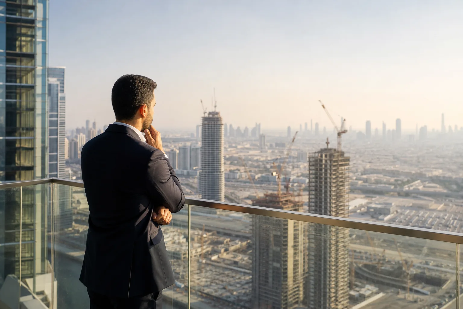 Investisseur pensif observant depuis un balcon de tour la ville et ses chantiers en contrebas