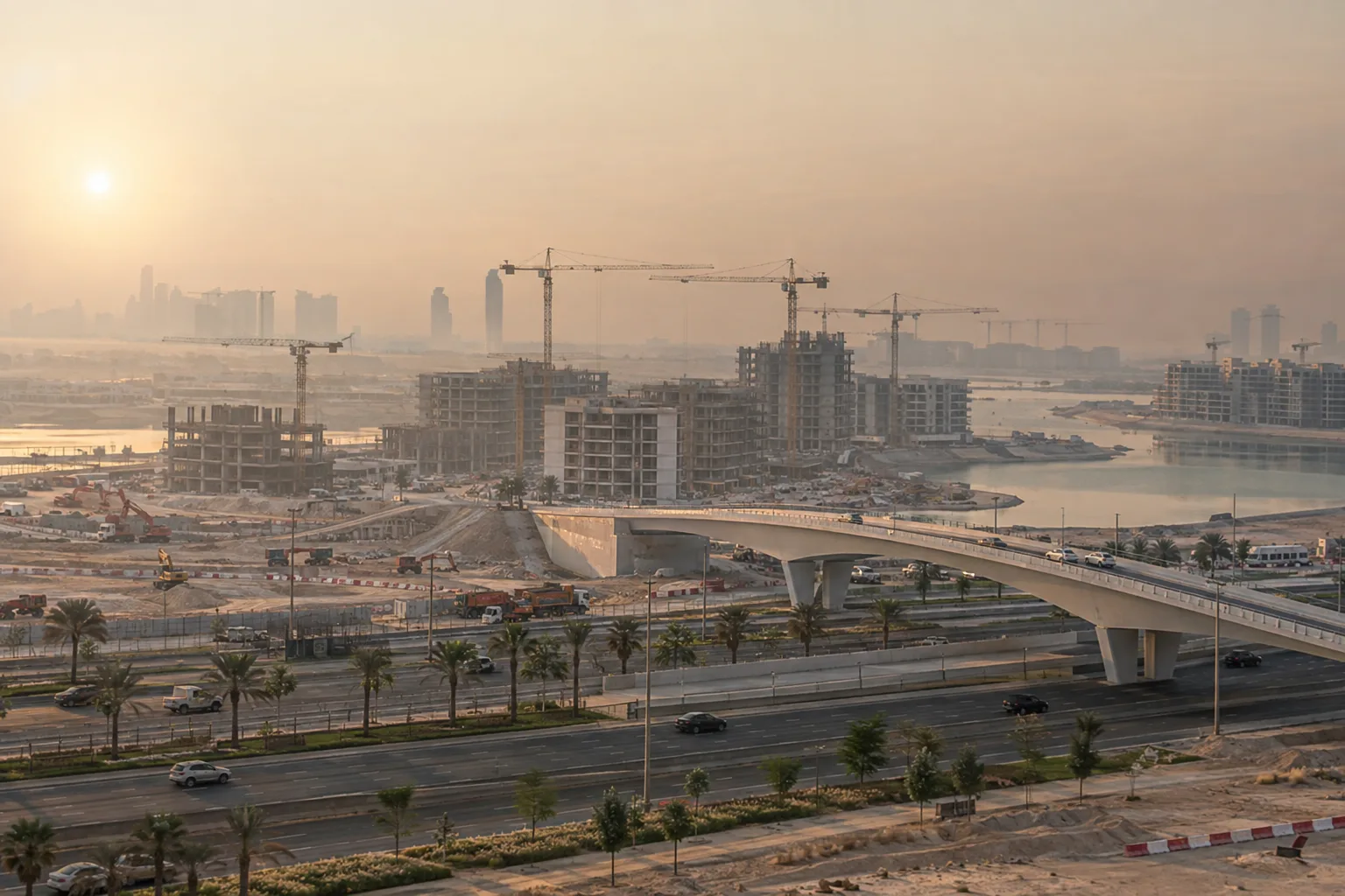 New roads, bridge and concrete-structure residential buildings on a developing island in Abu Dhabi, in the morning haze