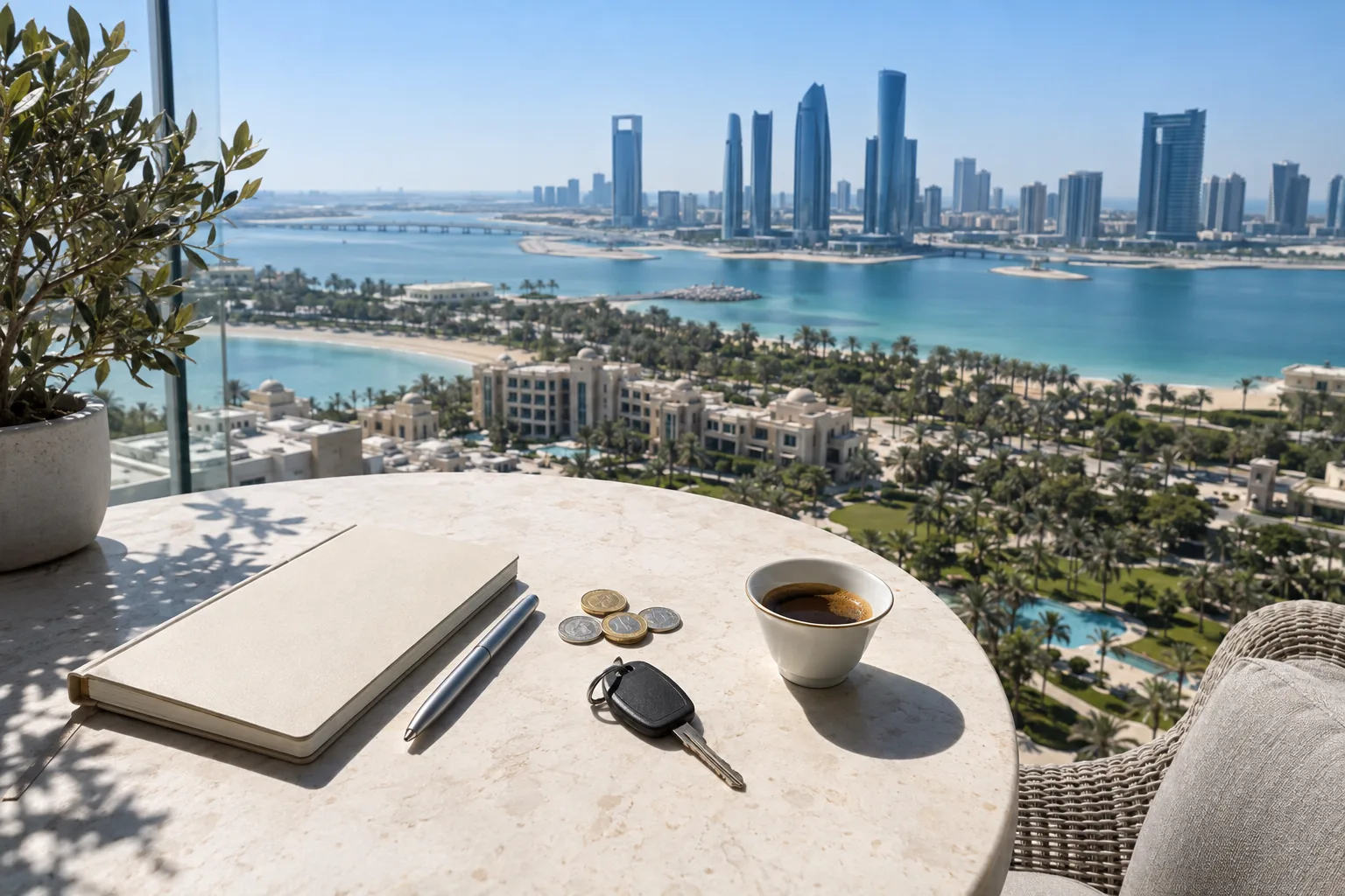 Overhead view of an apartment key, euro and dirham coins and a closed notebook on a table