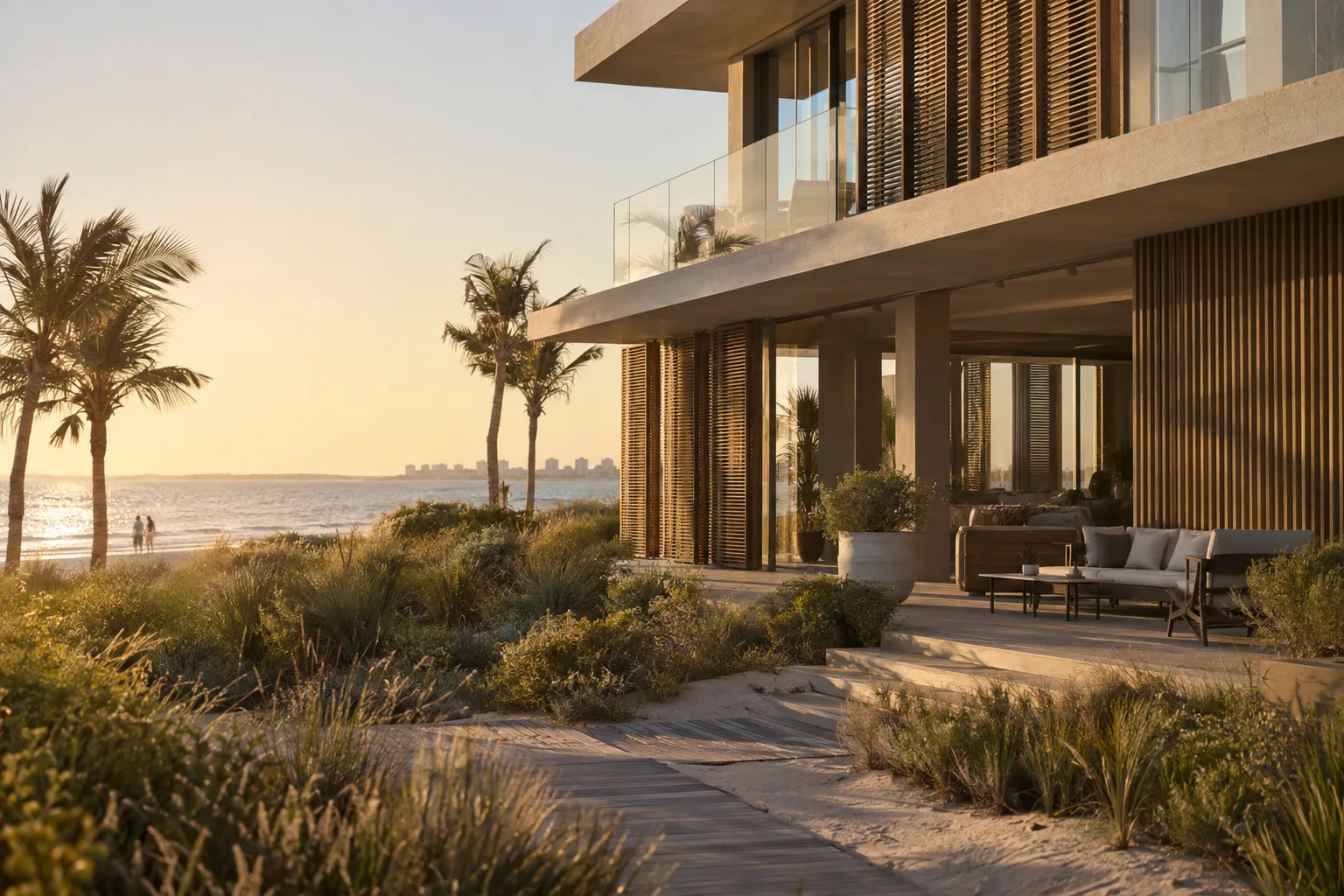 Facade of a contemporary beachfront villa with wooden louvres and dune planting