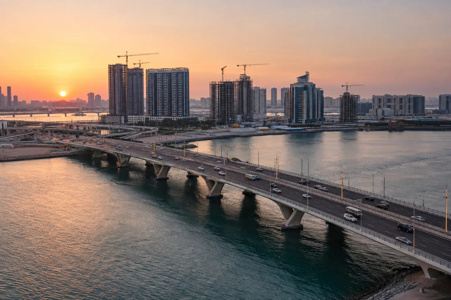 Road bridge at dawn leading to an island with new buildings and cranes