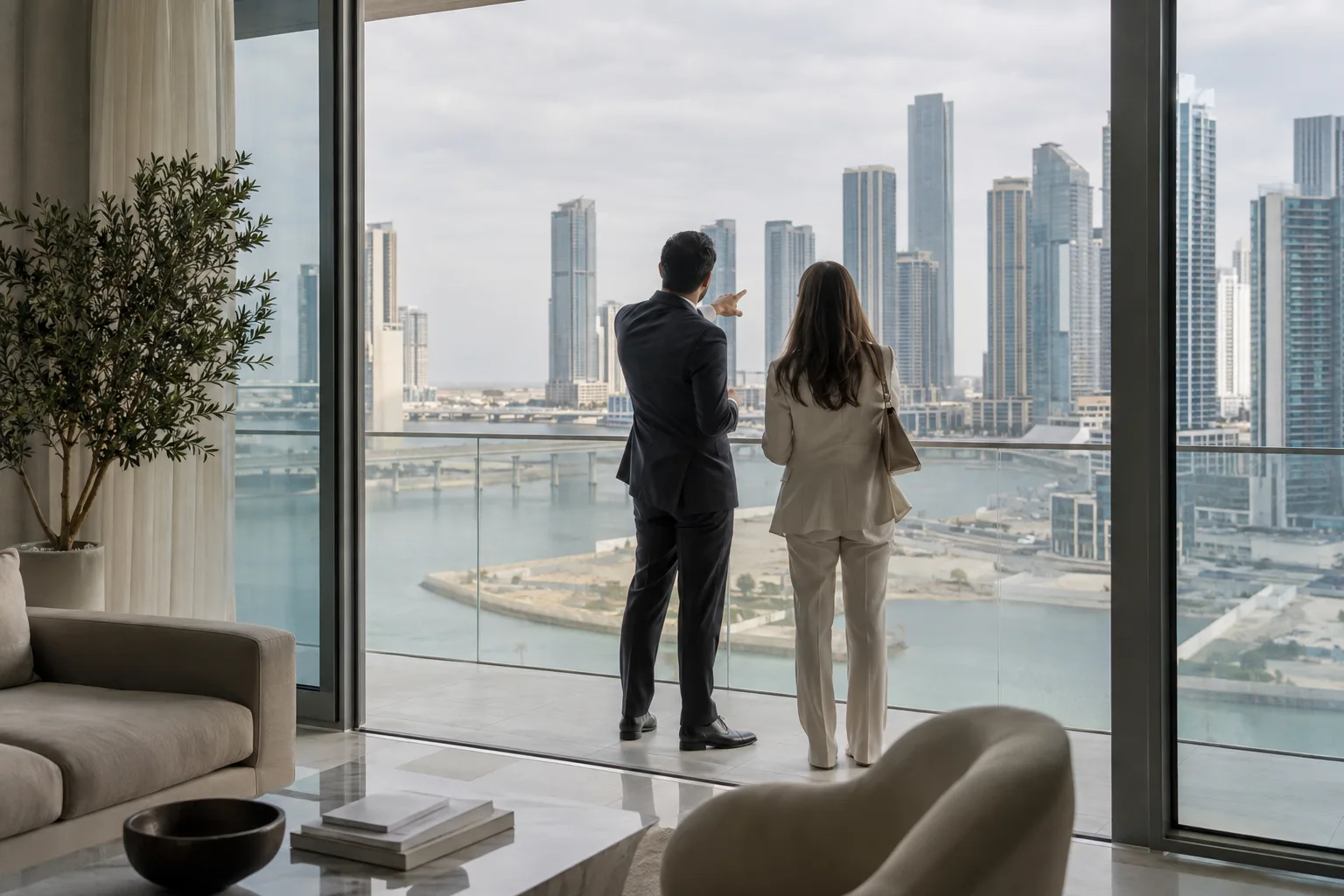 Adviser and investor seen from behind on a balcony comparing views of neighbouring towers