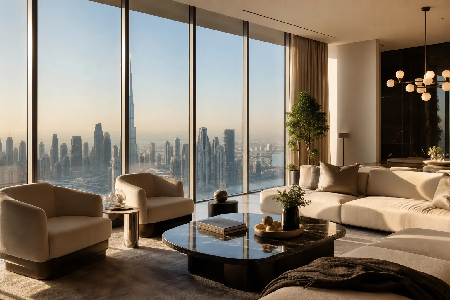 Interior of a high-end show apartment in Dubai with floor-to-ceiling windows overlooking the city and contemporary premium furniture